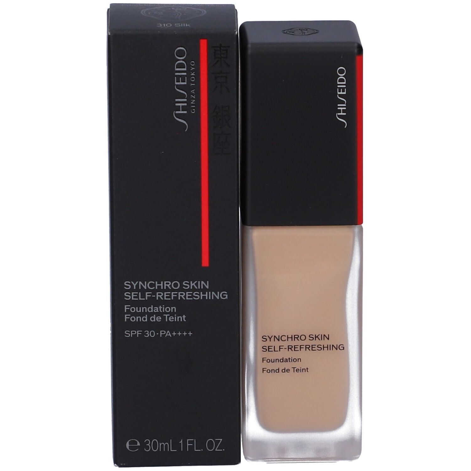 Shiseido Synchro Skin Foundation und Verpackung. Schwarze Schachtel mit Produktname und SPF. Flasche daneben.