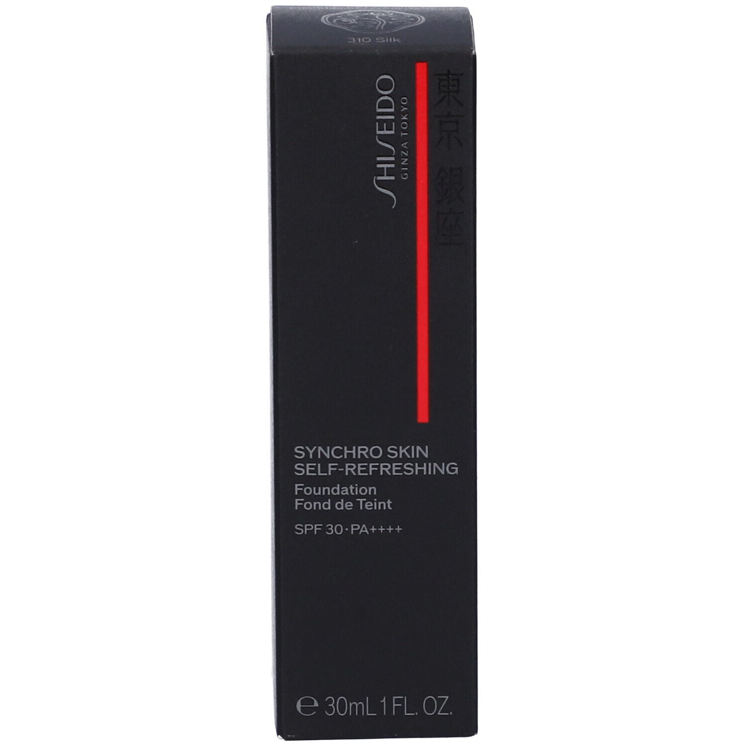 Schwarze Schachtel mit Shiseido Synchro Skin Foundation. Produktname, SPF und Volumenangabe. Roter Streifen.