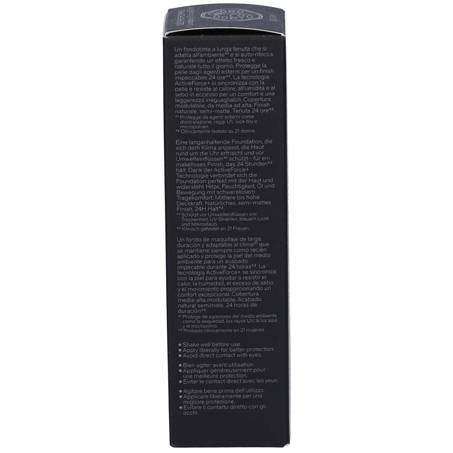 Rückseite der schwarzen Schachtel. Text in mehreren Sprachen. Produktbeschreibung und Anweisungen. Schwarzer Hintergrund.