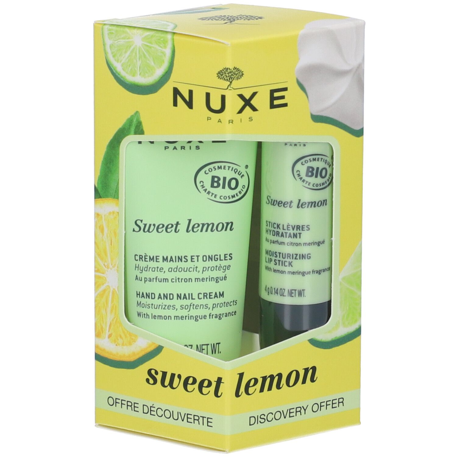 Geschenkset mit Hand- und Nagelcreme und Lippenpflegestift. Grüne Tuben, gelbe Verpackung mit Zitronenmotiv. "Nuxe"-Logo.
