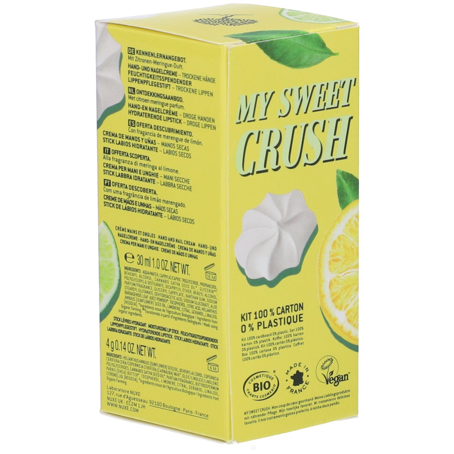 Gelbe Verpackung mit Text und Zitronenmotiv. Enthält Hand- und Nagelcreme und Lippenpflegestift. "My Sweet Crush"-Schriftzug.