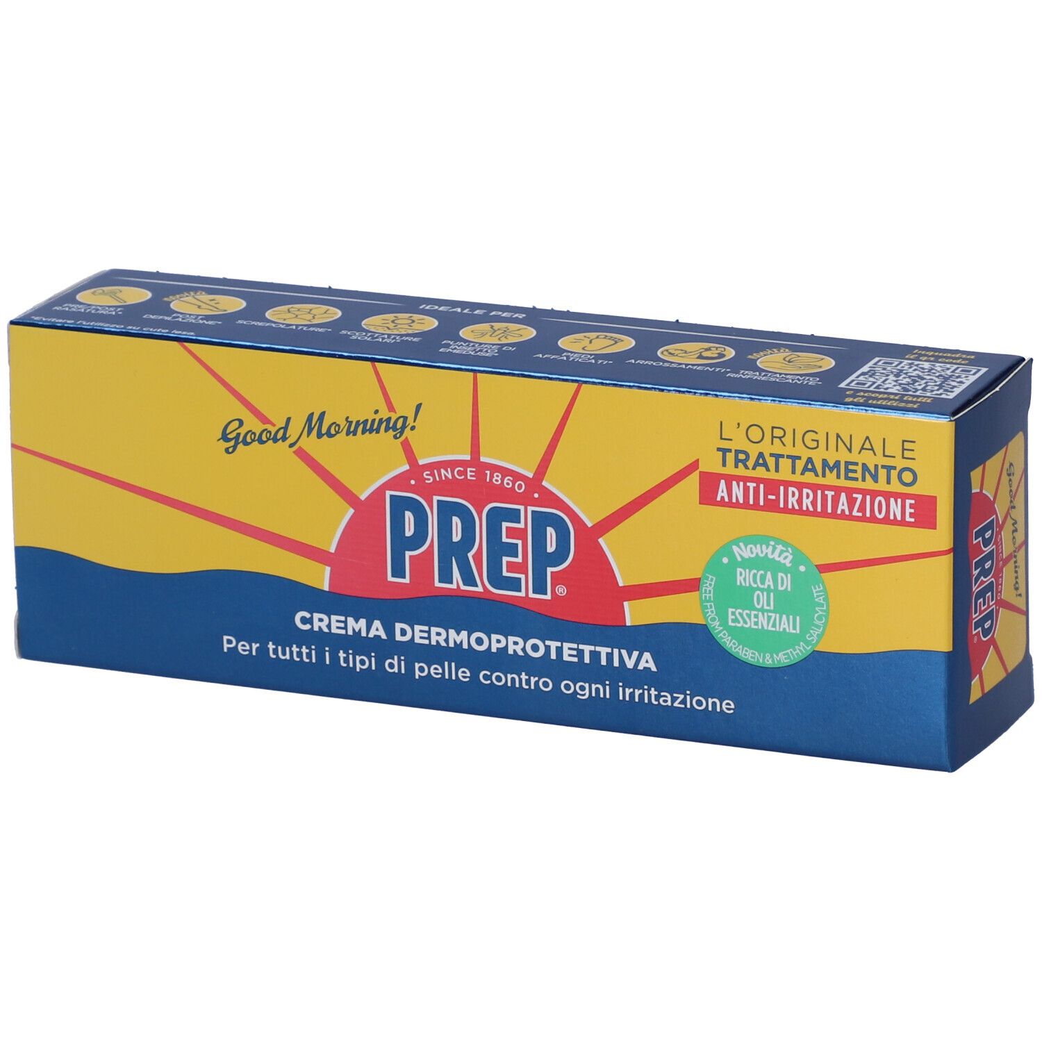 Verpackung von Prep Crema Dermoprotettiva. Blaue und gelbe Schachtel mit Produktnamen und Logo. Text: Anti-Irritation.