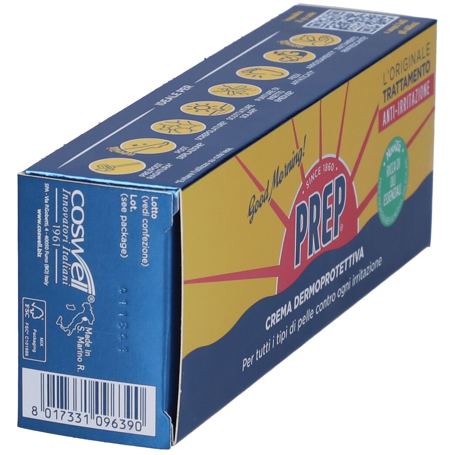 Verpackung von Prep Crema Dermoprotettiva. Blaue und gelbe Schachtel mit Produktnamen und Logo. Barcode und Text.