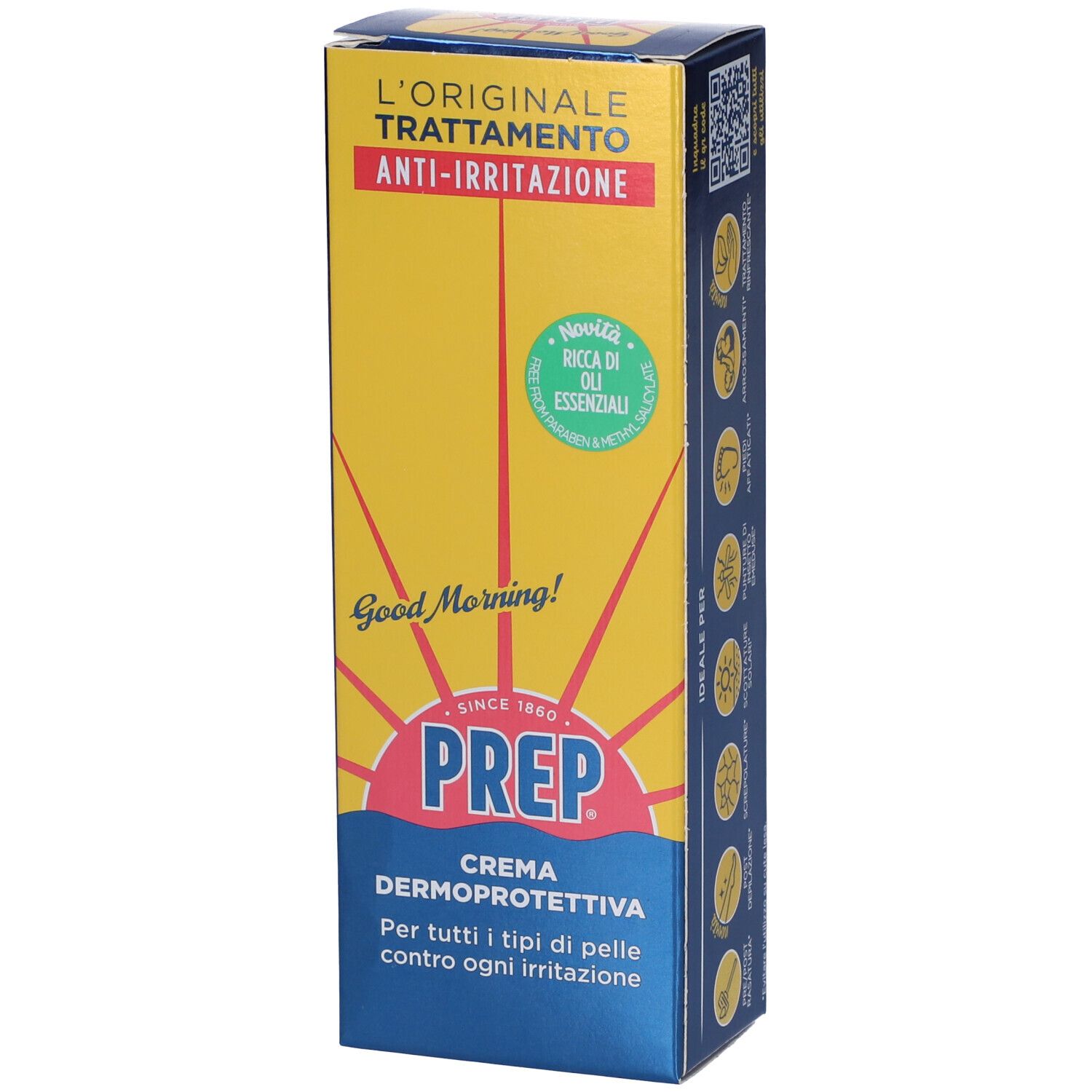 Verpackung von Prep Crema Dermoprotettiva. Blaue und gelbe Schachtel mit Produktnamen und Logo. Text: Anti-Irritation.