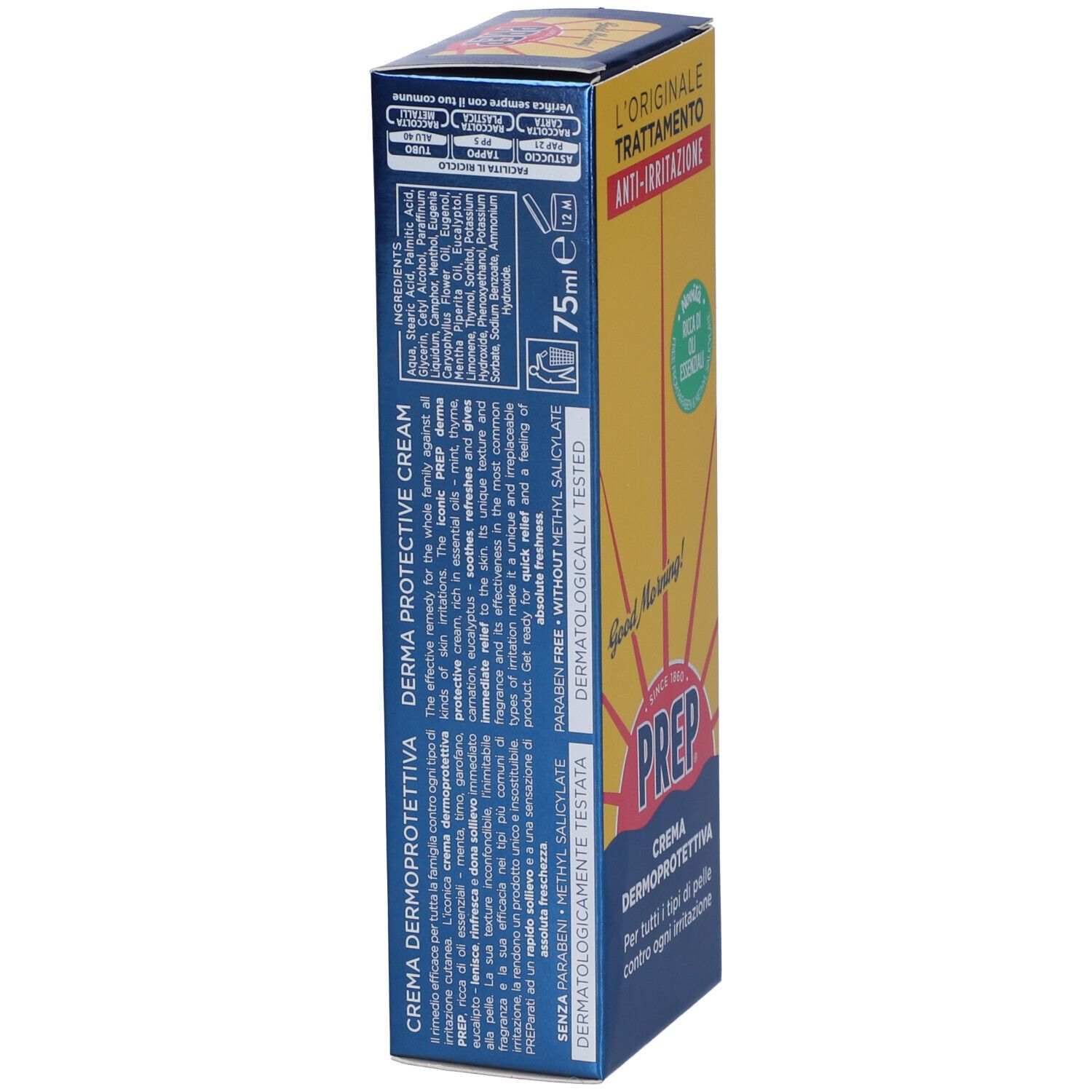 Verpackung von Prep Crema Dermoprotettiva. Blaue und gelbe Schachtel mit Produktnamen und Logo. Text und Inhaltsstoffe.