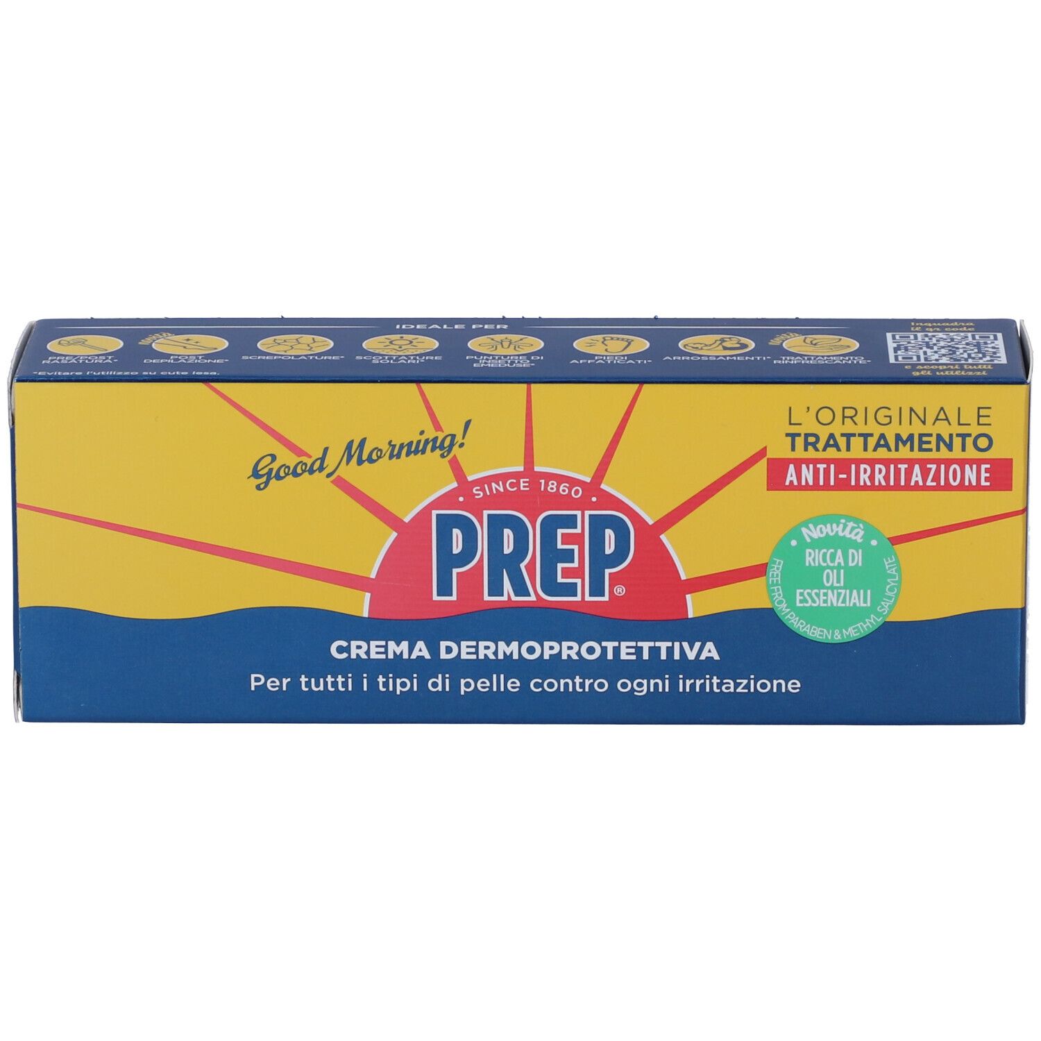 Verpackung von Prep Crema Dermoprotettiva. Blaue und gelbe Schachtel mit Produktnamen und Logo. Text: Anti-Irritation.