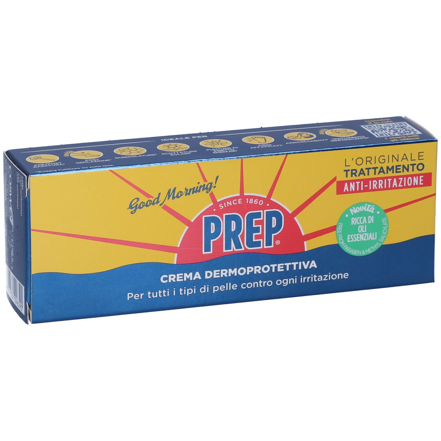 Verpackung von Prep Crema Dermoprotettiva. Blaue und gelbe Schachtel mit Produktnamen und Logo. Text: Anti-Irritation.
