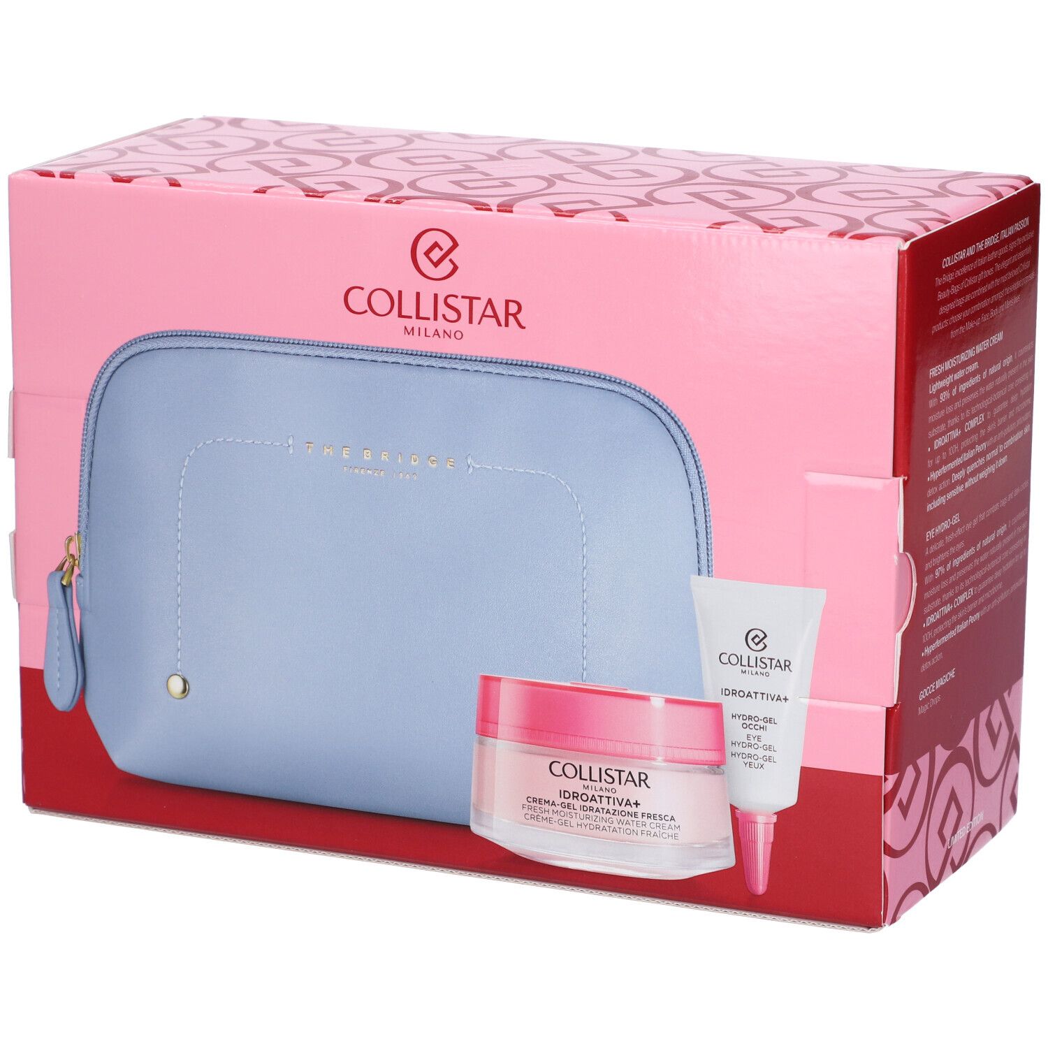 Collistar Geschenkset: Hellblaue Kosmetiktasche, Feuchtigkeitscreme und Augen-Gel.