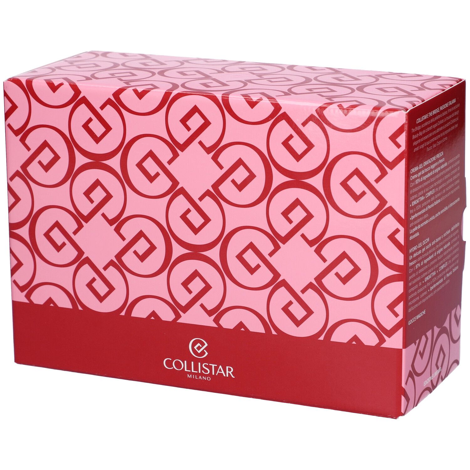 Collistar Geschenkset: Rosa Verpackung mit rotem Muster und Markenlogo.