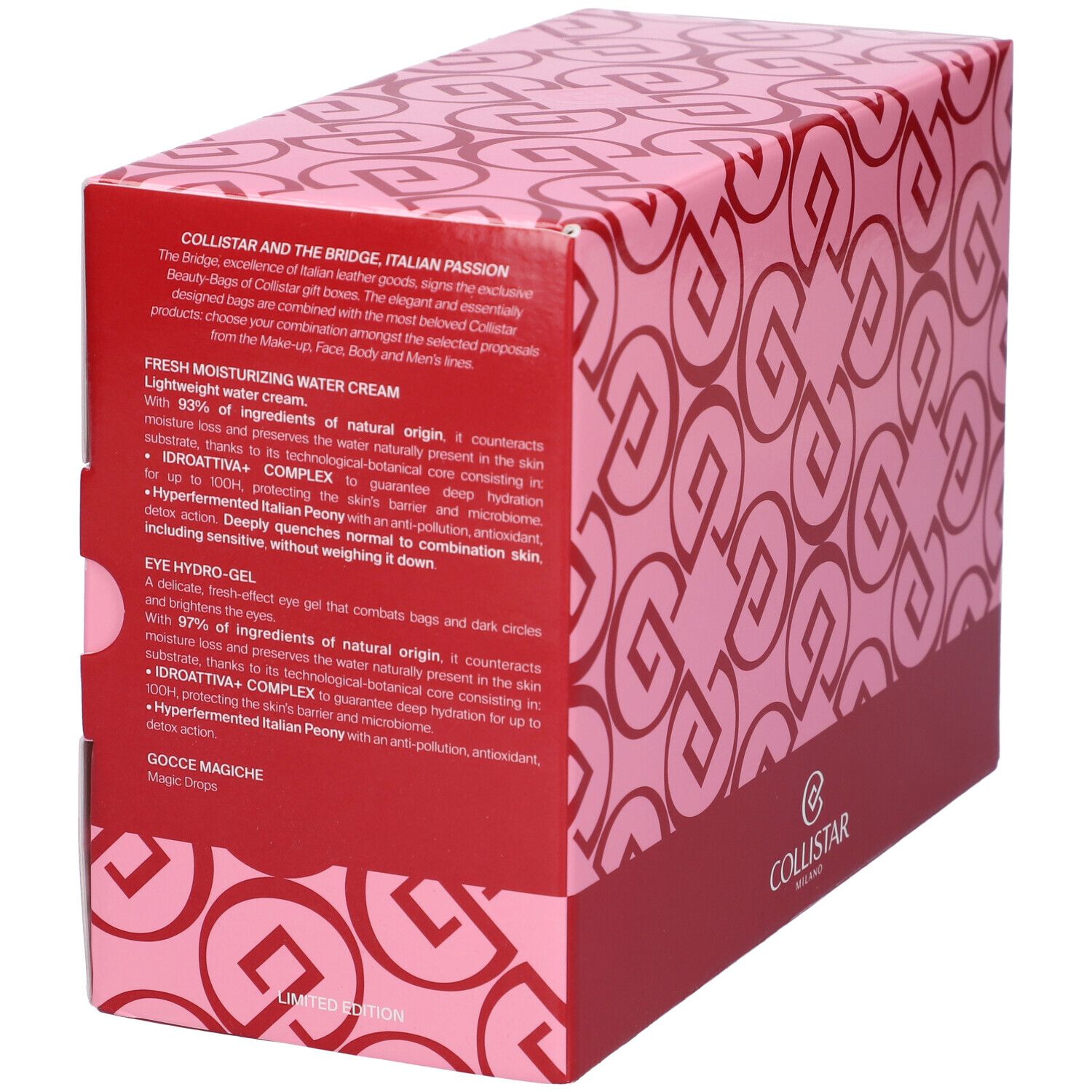 Collistar Geschenkset: Seitenansicht der Verpackung mit Produktbeschreibung.