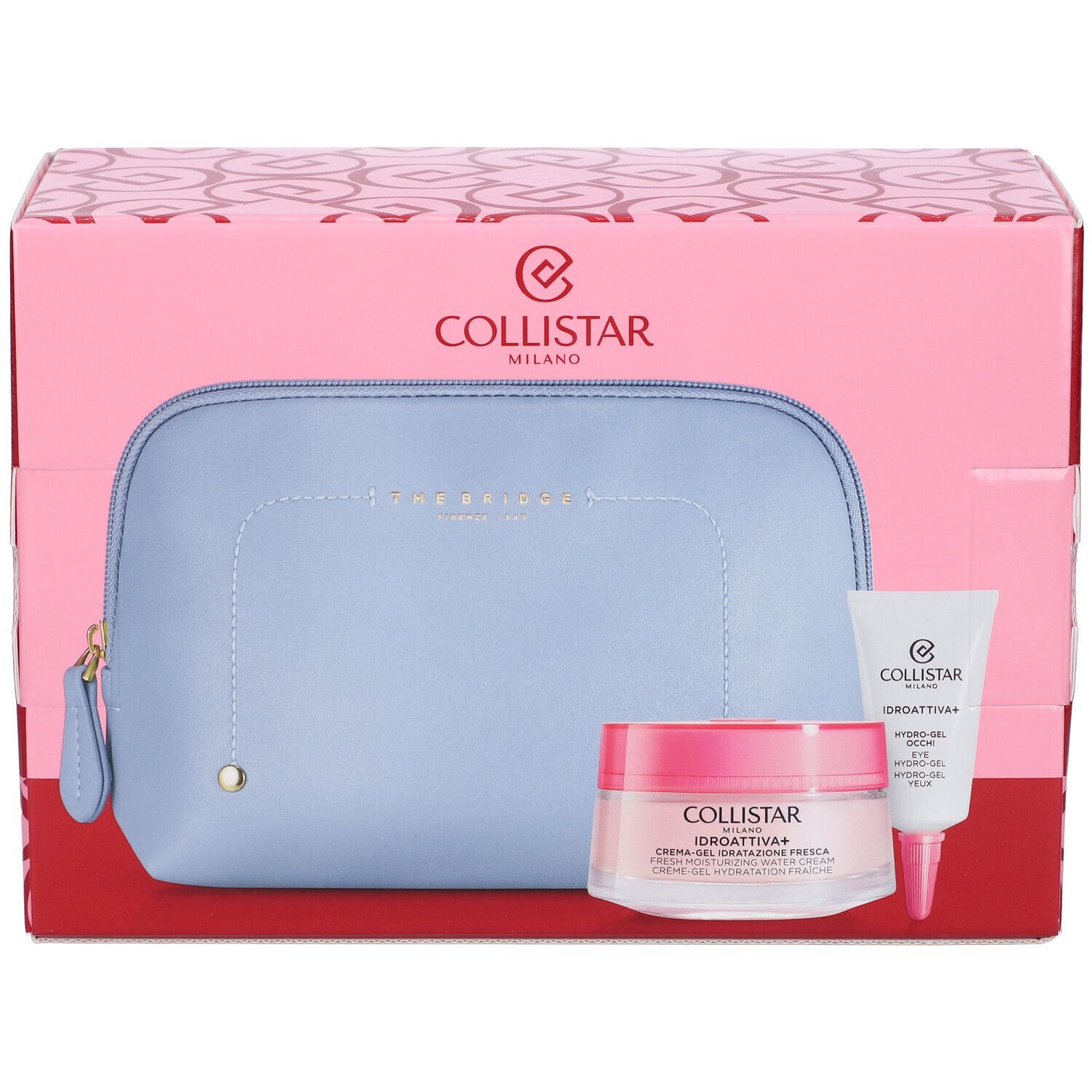 Collistar Geschenkset: Hellblaue Kosmetiktasche, Feuchtigkeitscreme und Augen-Gel.