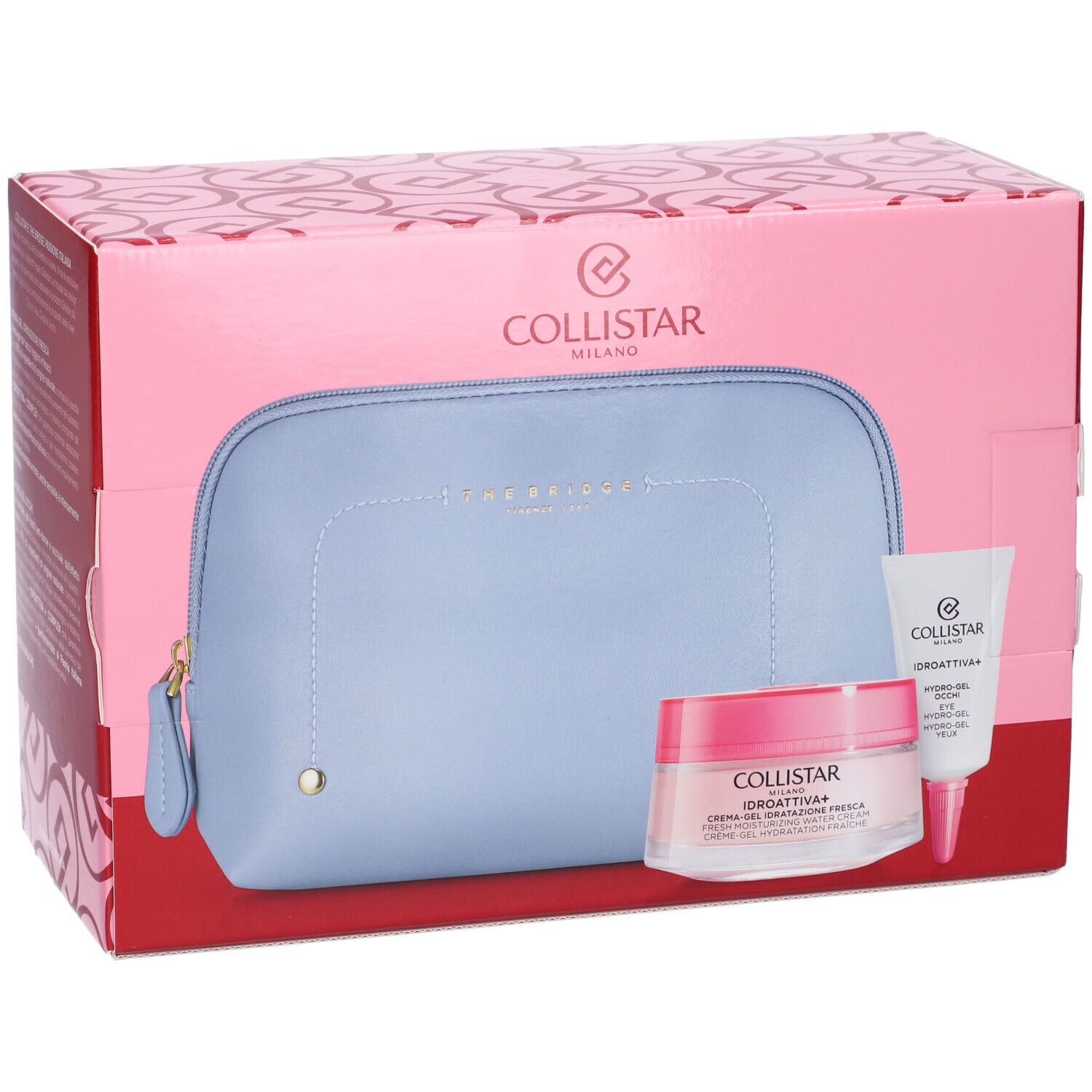 Collistar Geschenkset: Hellblaue Kosmetiktasche, Feuchtigkeitscreme und Augen-Gel.