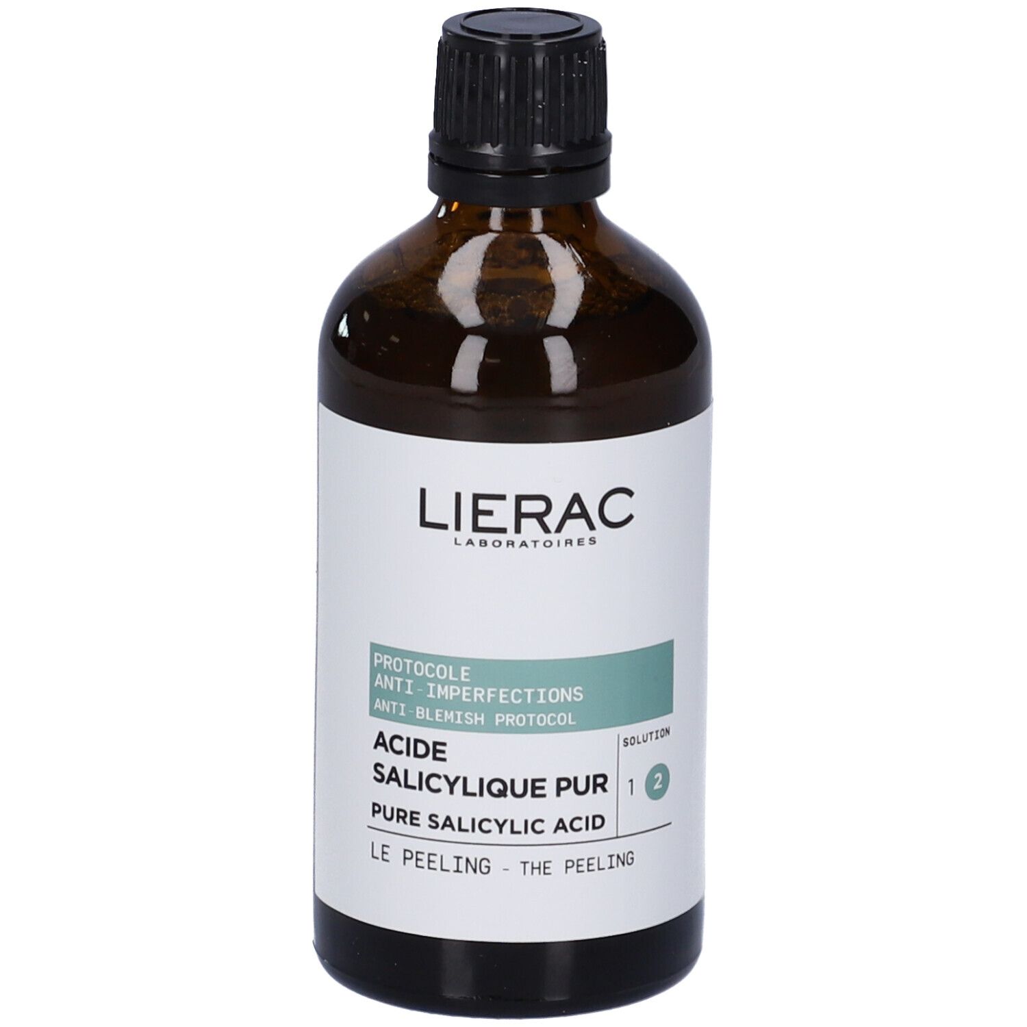 Braune Glasflasche mit schwarzem Deckel. Etikett mit Produktnamen und Marke Lierac. Enthält Salicylsäure.