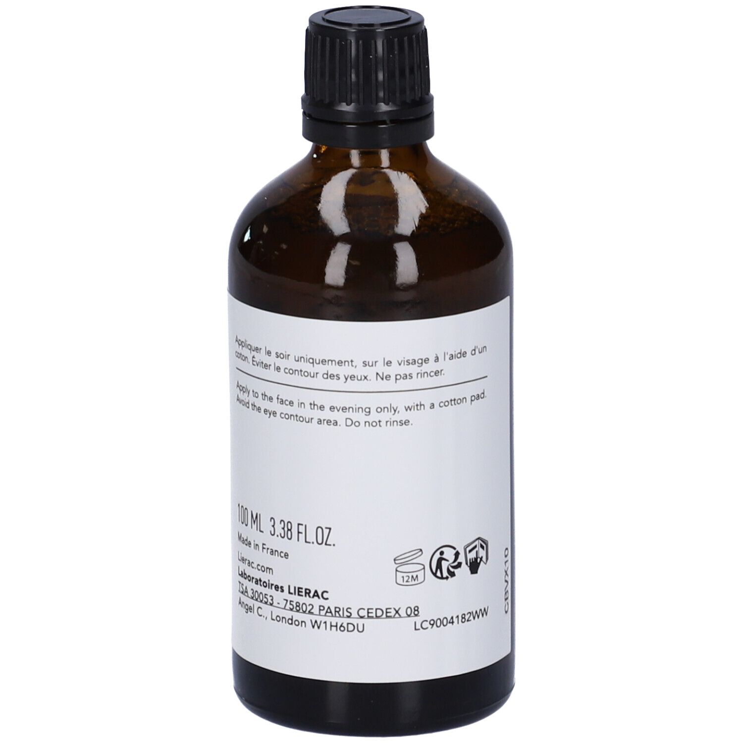 Braune Glasflasche mit schwarzem Deckel. Etikett mit Produktinformationen. Rückansicht des Produkts.