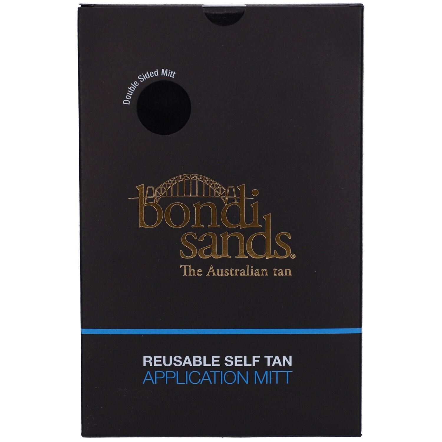 Schwarze Verpackung mit Bondi Sands Logo und Schriftzug. Blaue Linie und Text: REUSABLE SELF TAN APPLICATION MITT.