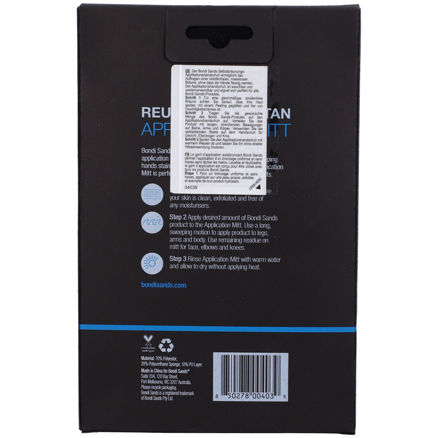 Rückseite der Verpackung mit Text und Anweisungen. Bondi Sands Application Mitt. Vegan-Logo und Barcode.