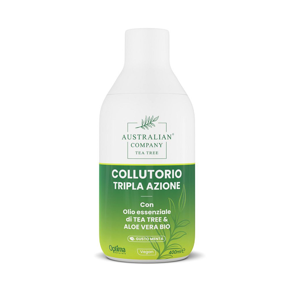 Flasche Mundwasser mit Teebaumöl und Aloe Vera.
