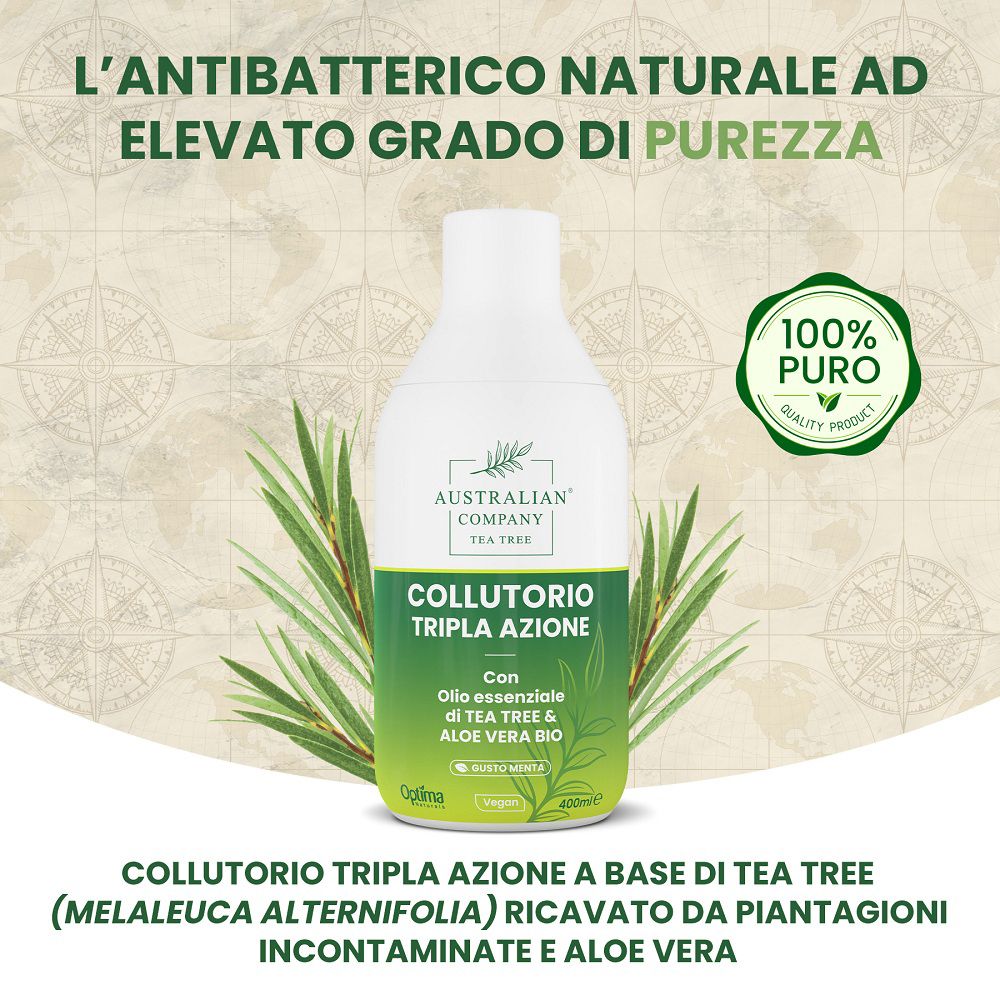 Flasche Mundwasser mit Teebaumöl, Aloe Vera und Siegel '100% Puro'.