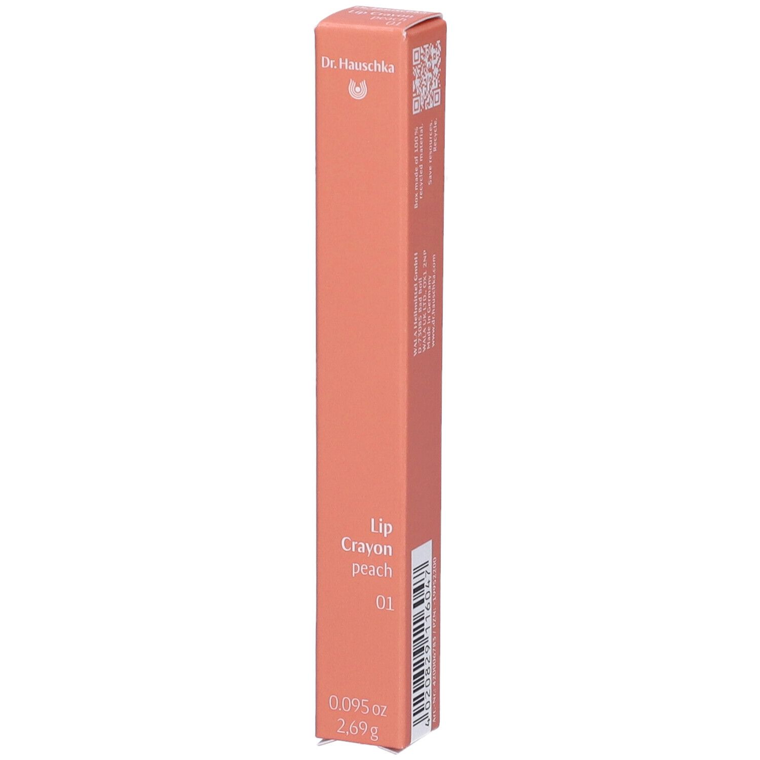 Peachfarbener Lippenstift-Stift in länglicher Verpackung. Marke Dr. Hauschka. Bezeichnung: Lip Crayon peach 01. Gewicht: 2,69g.