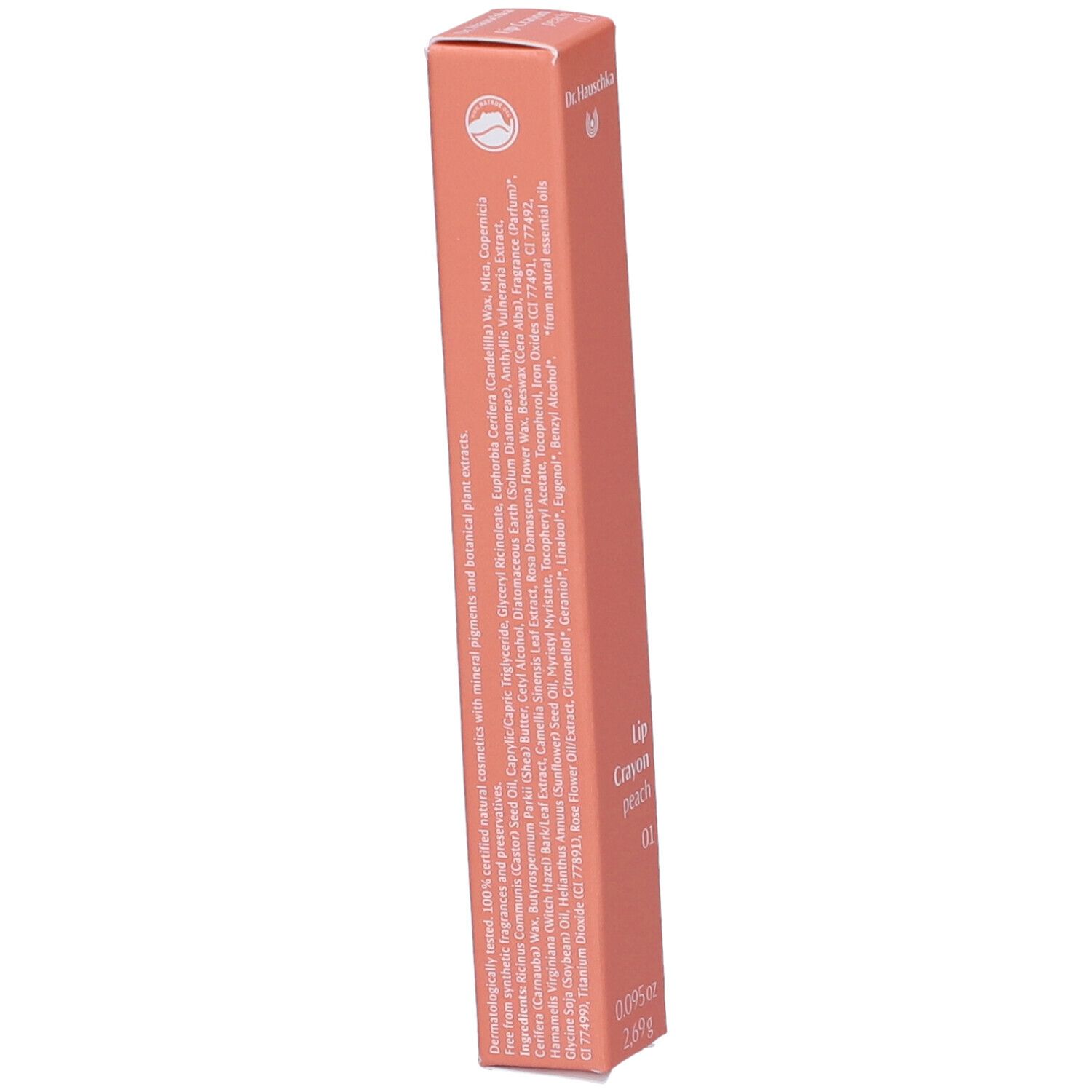 Verpackung des Lippenstift-Stifts. Aufschrift: Lip Crayon peach 01. Inhaltsstoffe und weitere Informationen. Marke Dr. Hauschka.