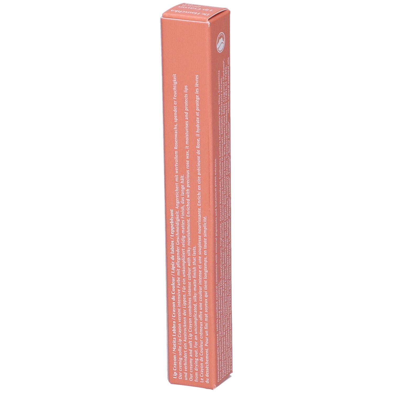 Rückseite der Lippenstift-Stift-Verpackung. Text in mehreren Sprachen. Marke Dr. Hauschka. Informationen zur Verwendung.