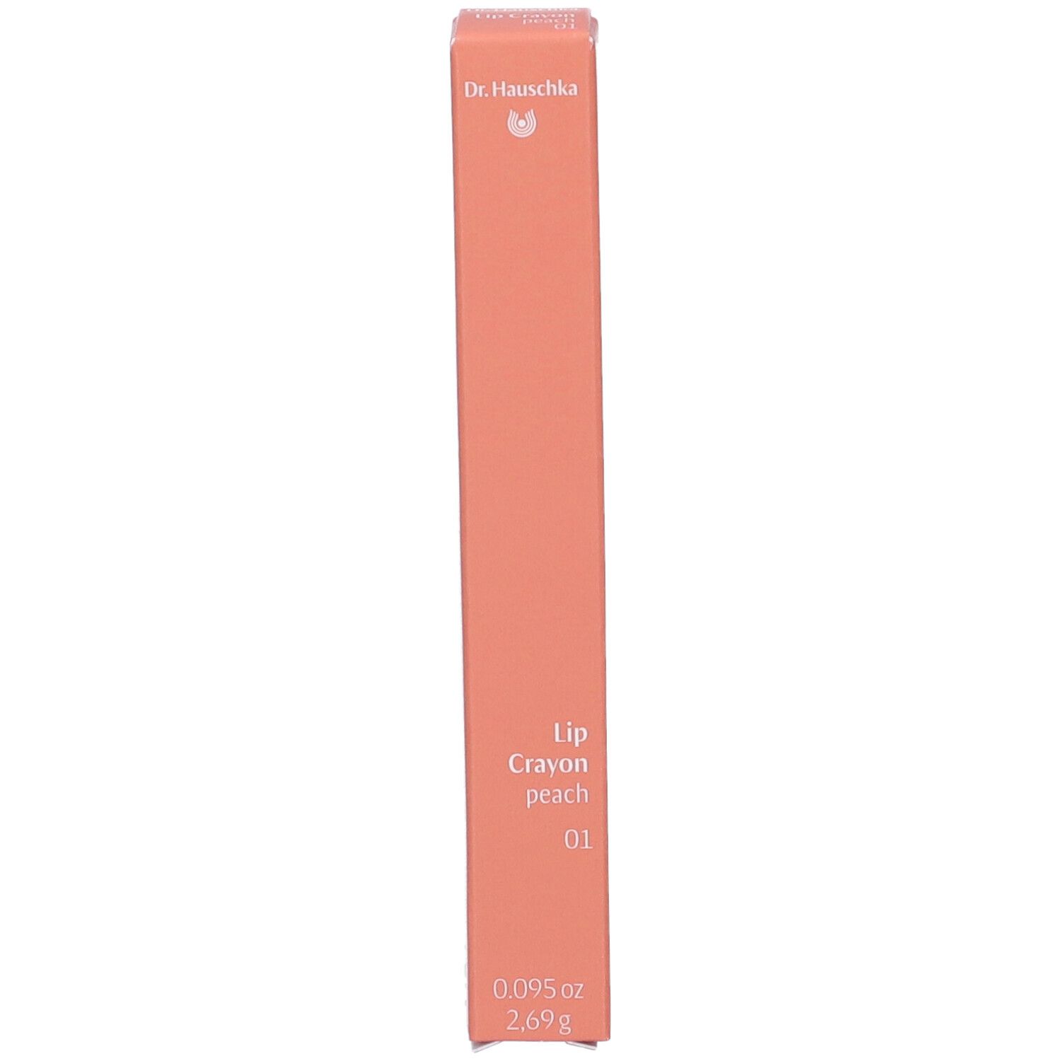 Peachfarbener Lippenstift-Stift in länglicher Verpackung. Marke Dr. Hauschka. Bezeichnung: Lip Crayon peach 01. Gewicht: 2,69g.