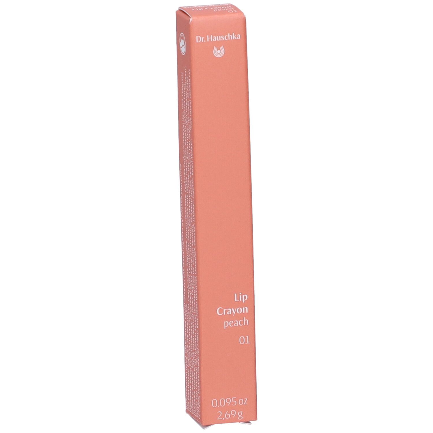 Peachfarbener Lippenstift-Stift in länglicher Verpackung. Marke Dr. Hauschka. Bezeichnung: Lip Crayon peach 01. Gewicht: 2,69g.