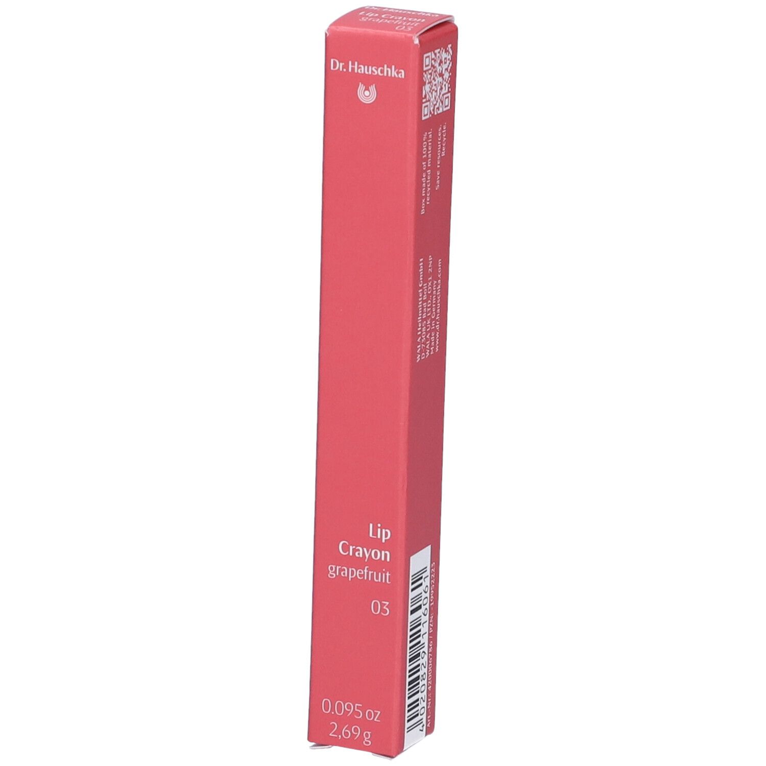 Rosa Verpackung mit Produktinformationen. Aufschrift: Lip Crayon Grapefruit 03. Marke: Dr. Hauschka.