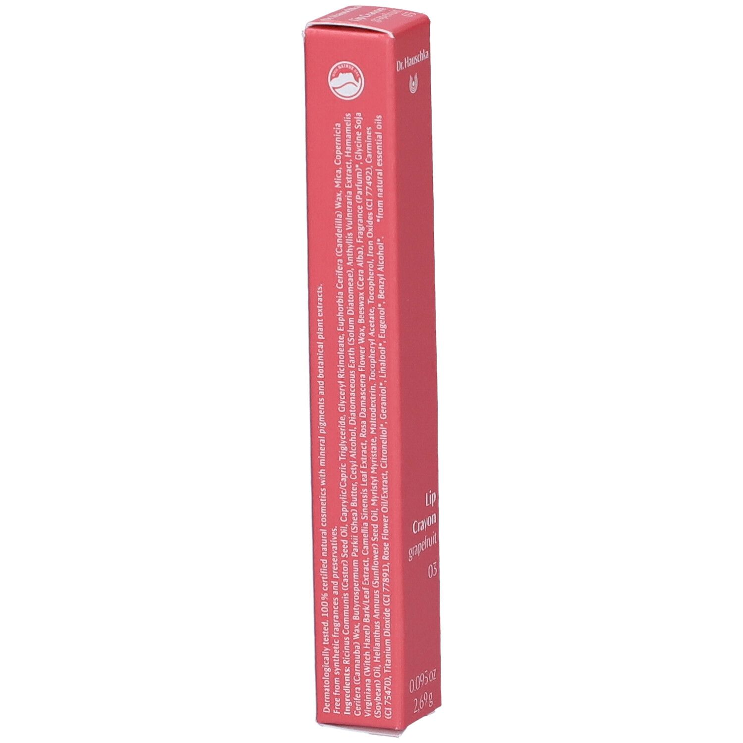 Rosa Verpackung mit Inhaltsstoffen und Produktinformationen. Marke: Dr. Hauschka. Text in weißer Schrift.