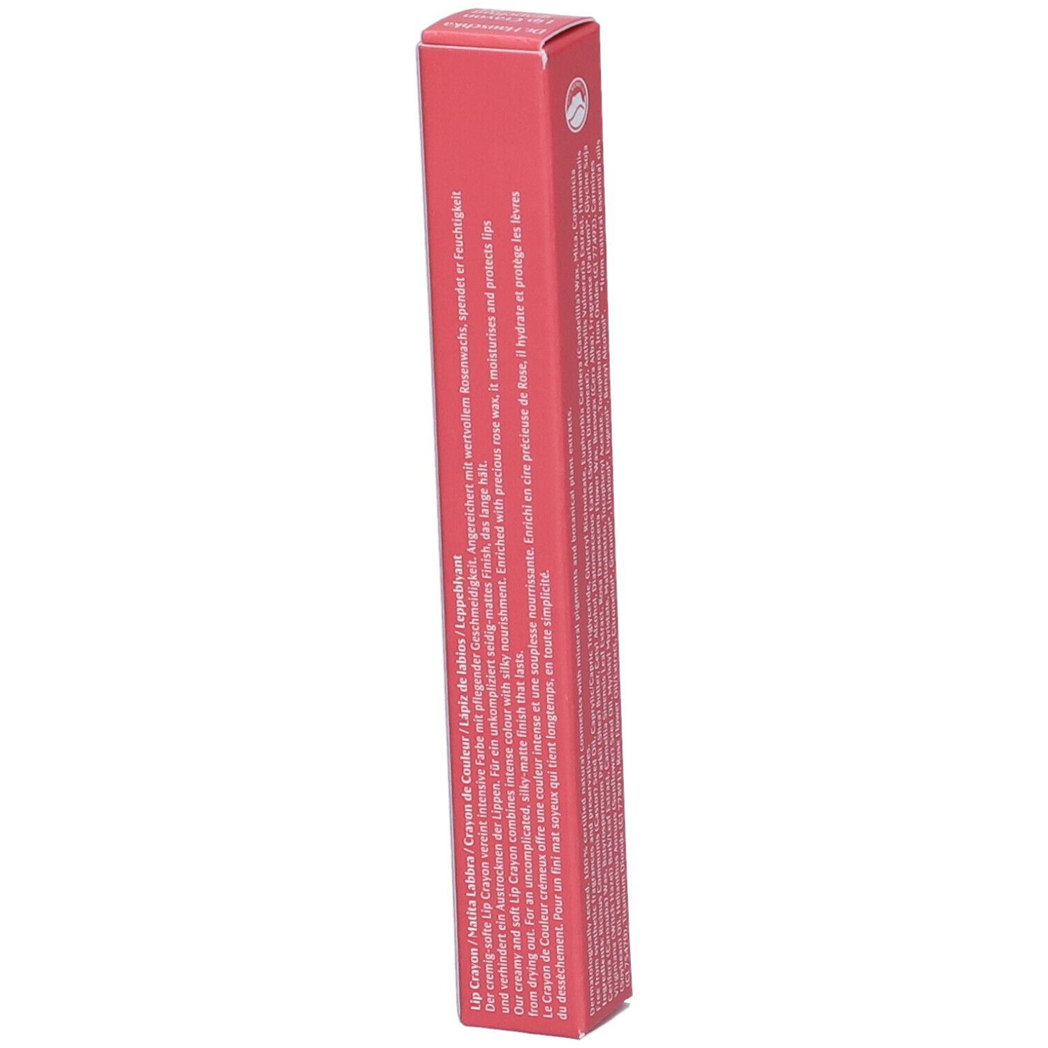 Rosa Verpackung mit Produktinformationen. Text in weißer Schrift. Marke: Dr. Hauschka. Mit Informationen zur Anwendung.