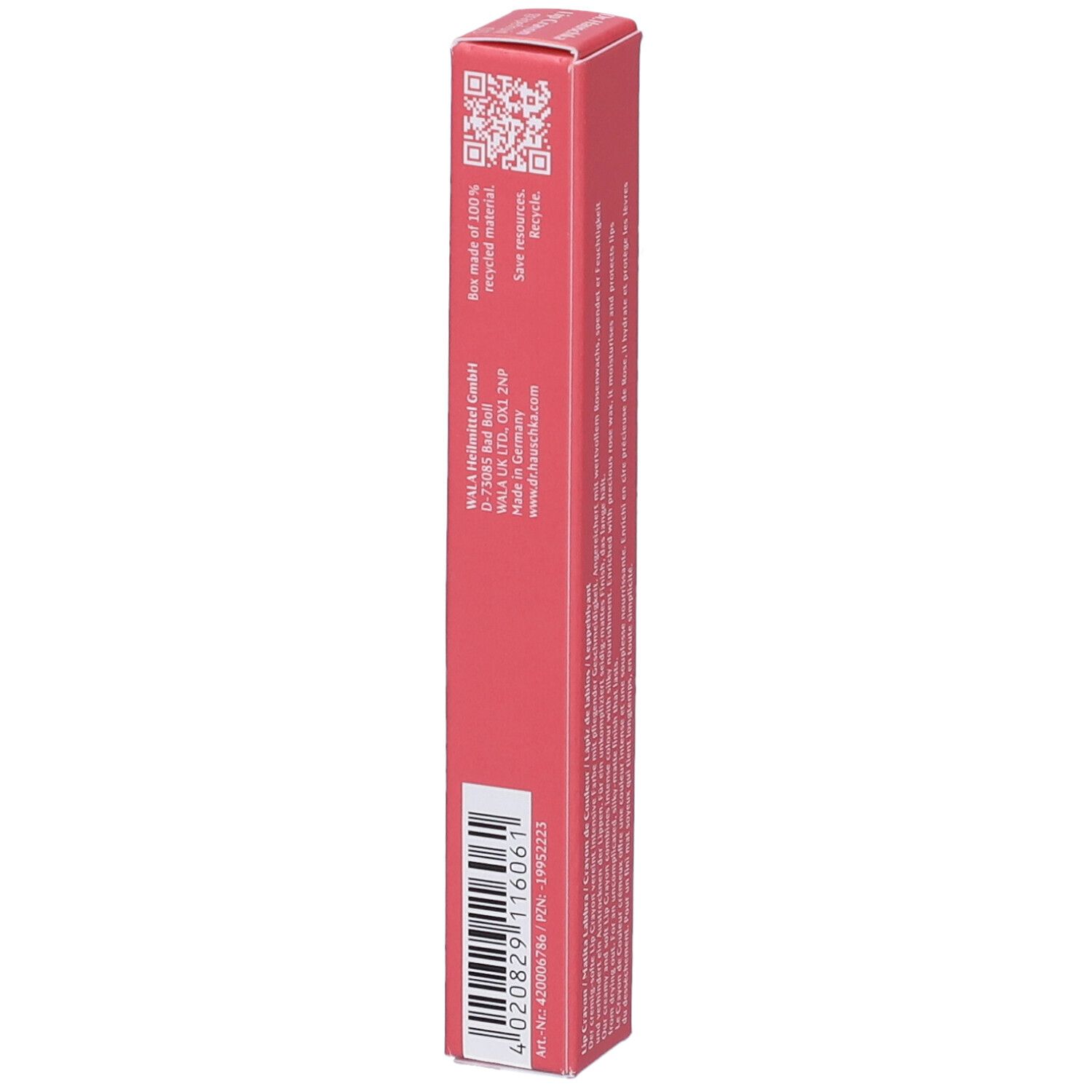 Rosa Verpackung mit Informationen. QR-Code und Text: Made of 100% recycled material. Marke: Dr. Hauschka.