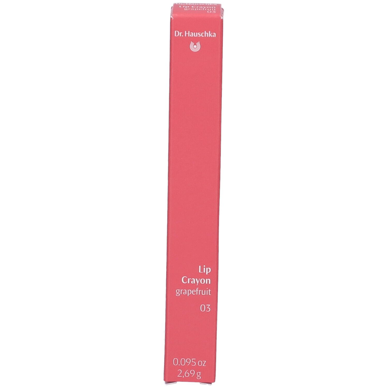 Rosa Verpackung mit Produktinformationen. Aufschrift: Lip Crayon Grapefruit 03. Marke: Dr. Hauschka.