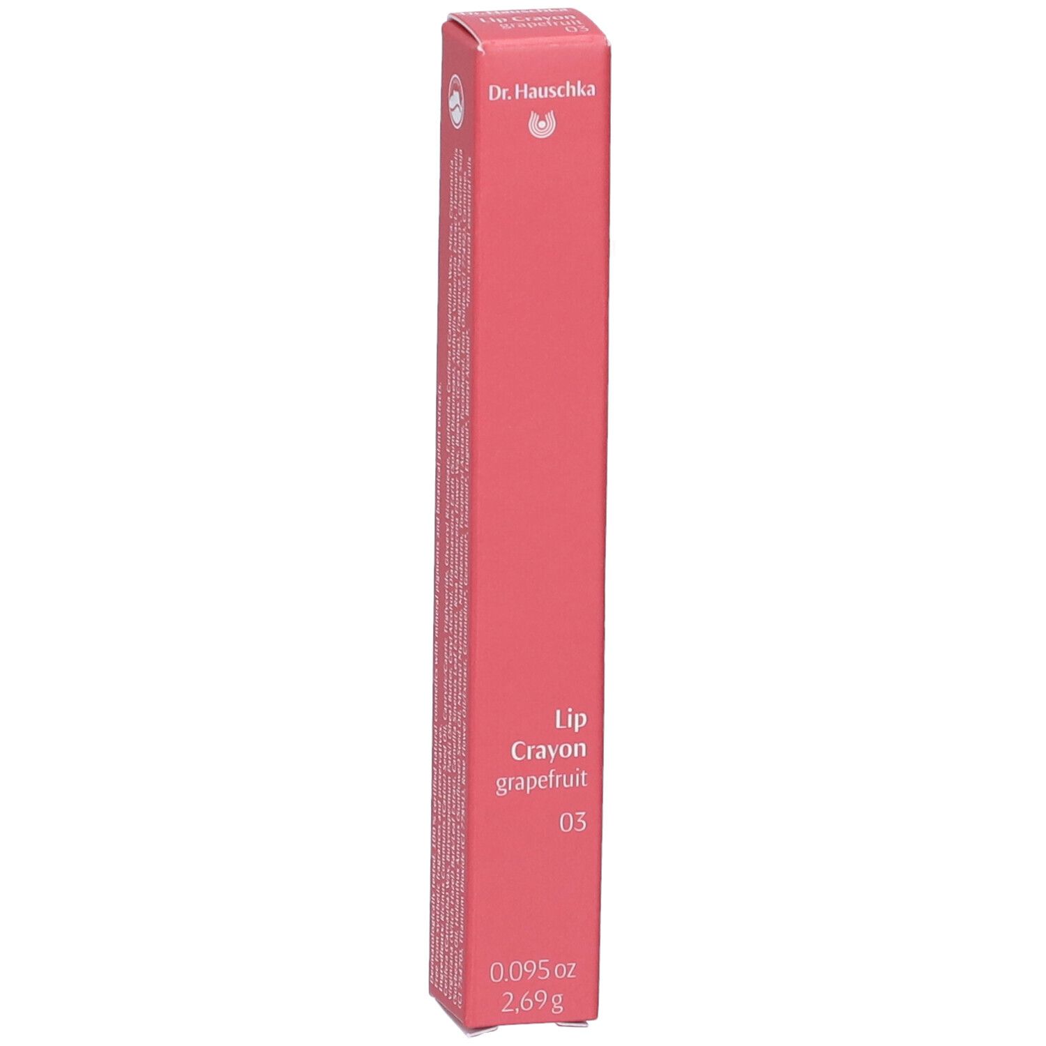 Rosa Verpackung mit Produktinformationen. Aufschrift: Lip Crayon Grapefruit 03. Marke: Dr. Hauschka.