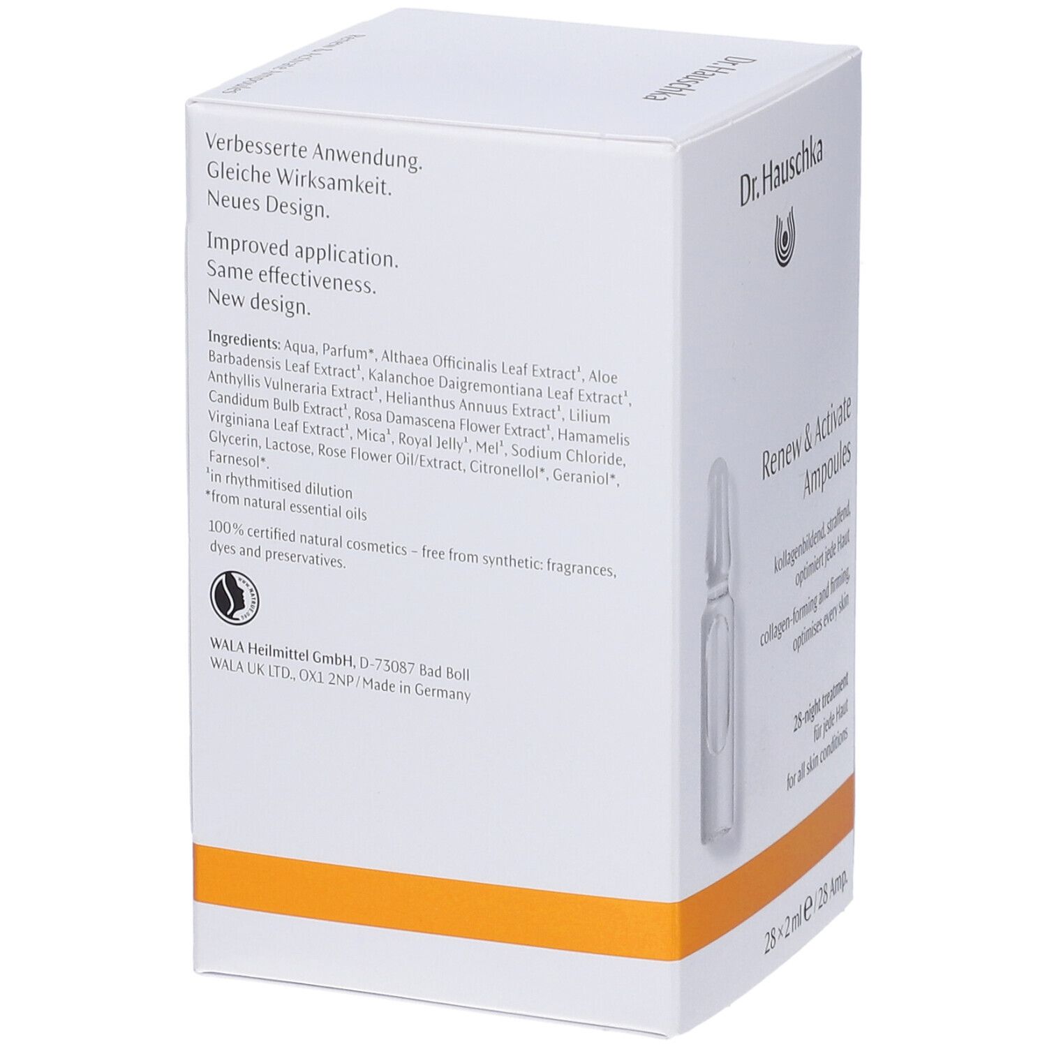 Rückseite der weißen Dr. Hauschka-Box. Text mit Inhaltsstoffen und Herstellerinformationen. Orangefarbener Streifen am unteren Rand.