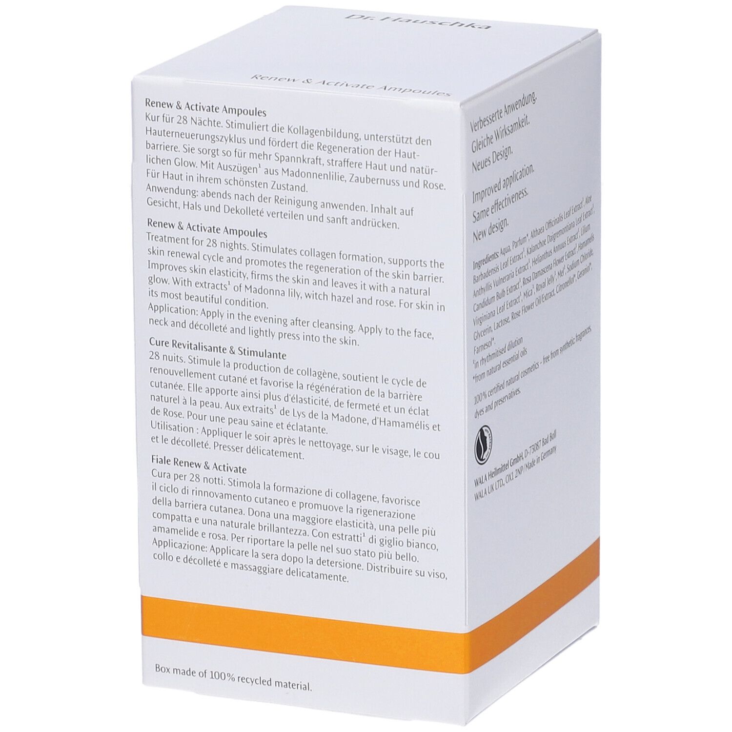 Weiße Dr. Hauschka-Box mit Text in Deutsch, Englisch und Französisch. Enthält Produktinformationen. Orangefarbener Streifen.