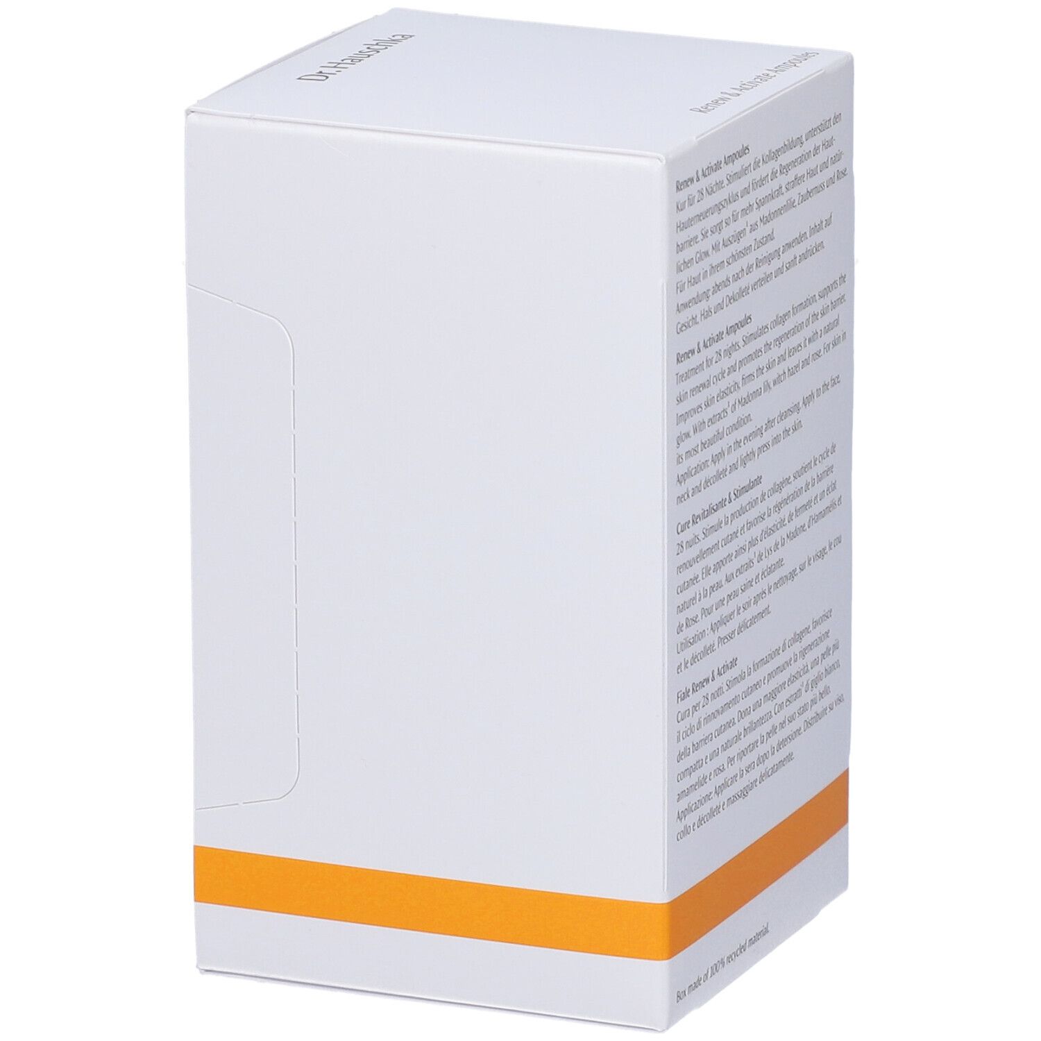 Weiße Box mit orangefarbenem Streifen. Text und Logo Dr. Hauschka. Leere Seite.