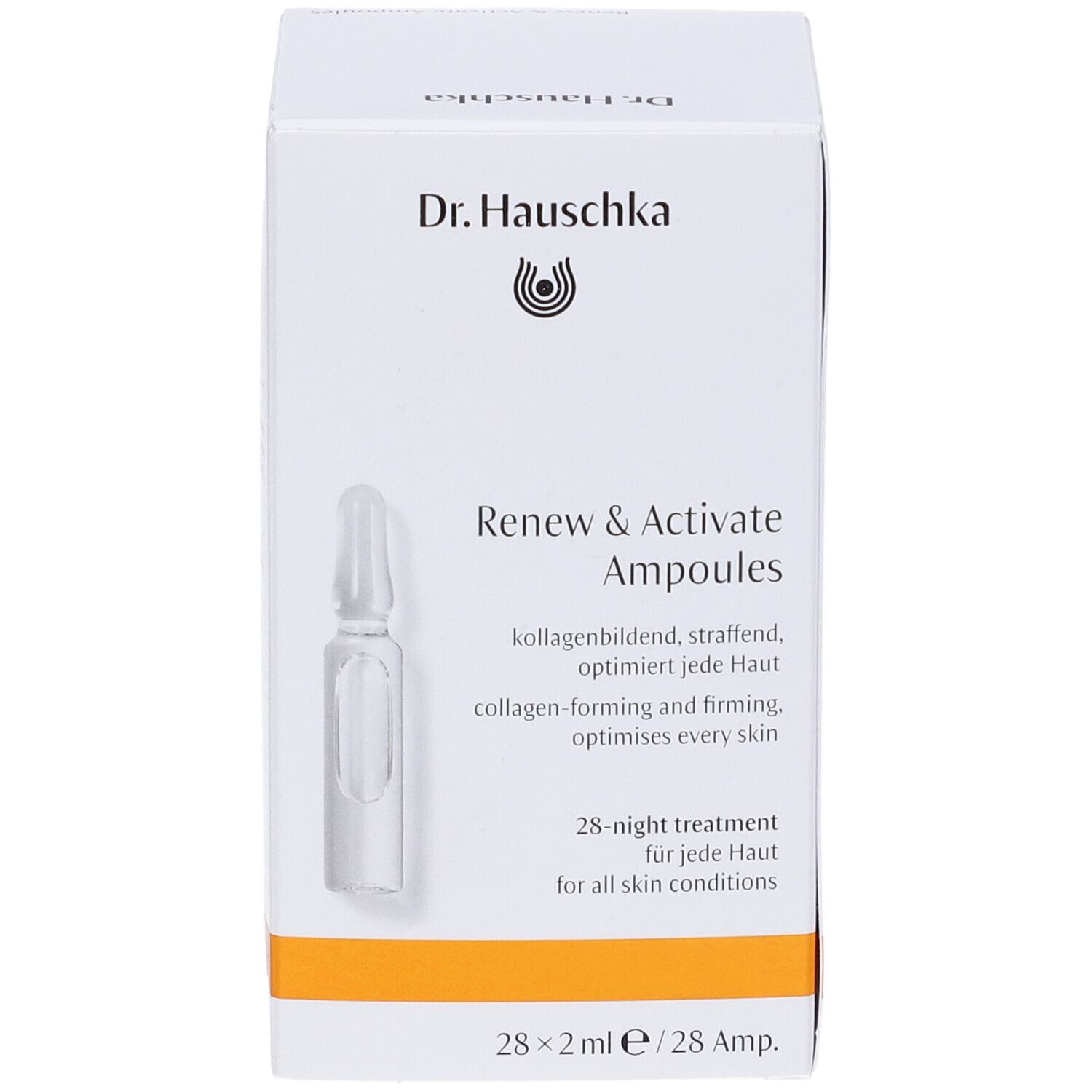 Weiße Box mit Produktabbildung und Schriftzug Dr. Hauschka. Enthält Ampullen. Orangefarbener Streifen am unteren Rand.