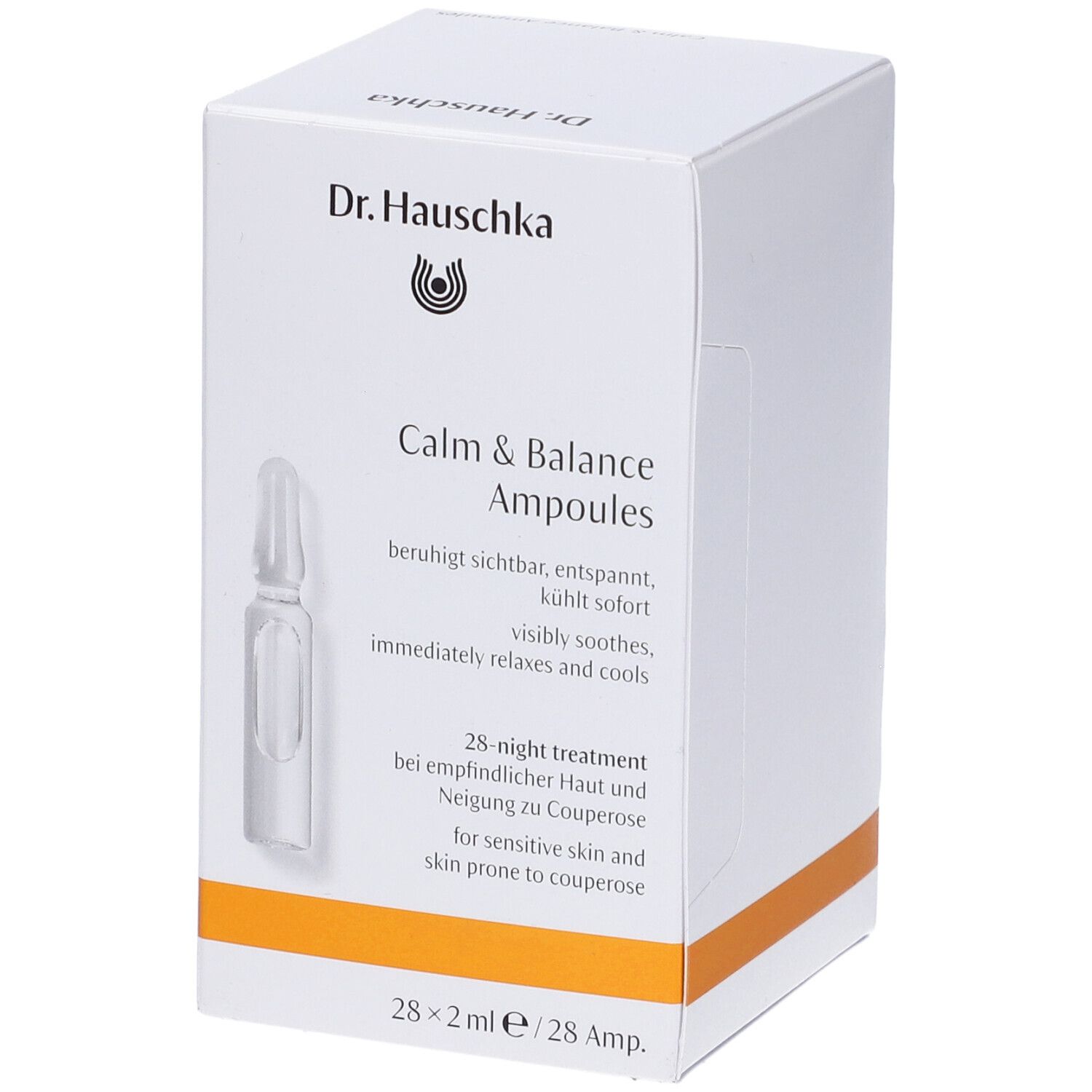 Weiße Schachtel mit Dr. Hauschka Logo und Produktname Calm & Balance Ampoules. Enthält 28 Ampullen.
