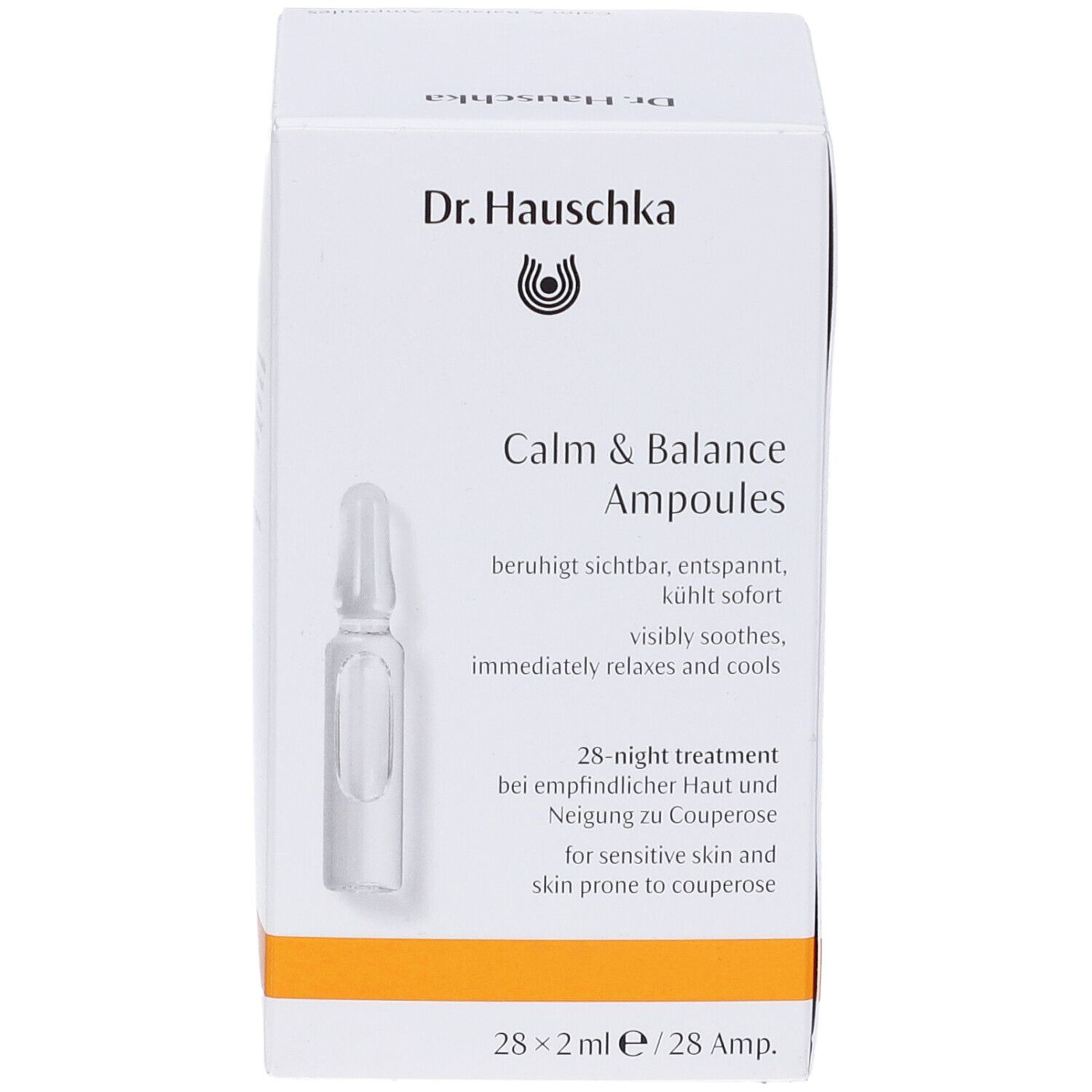 Weiße Schachtel mit Dr. Hauschka Logo und Produktname Calm & Balance Ampoules. 28 Ampullen.