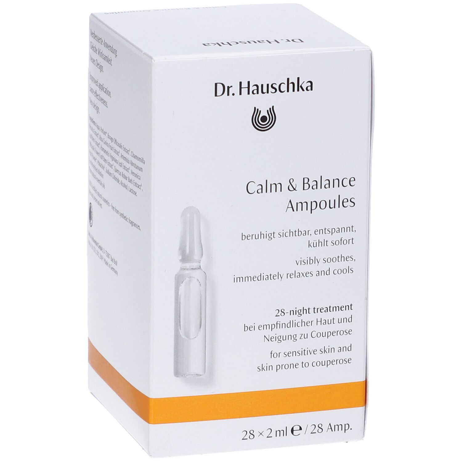 Weiße Schachtel mit Dr. Hauschka Logo und Produktname Calm & Balance Ampoules. 28 Ampullen.