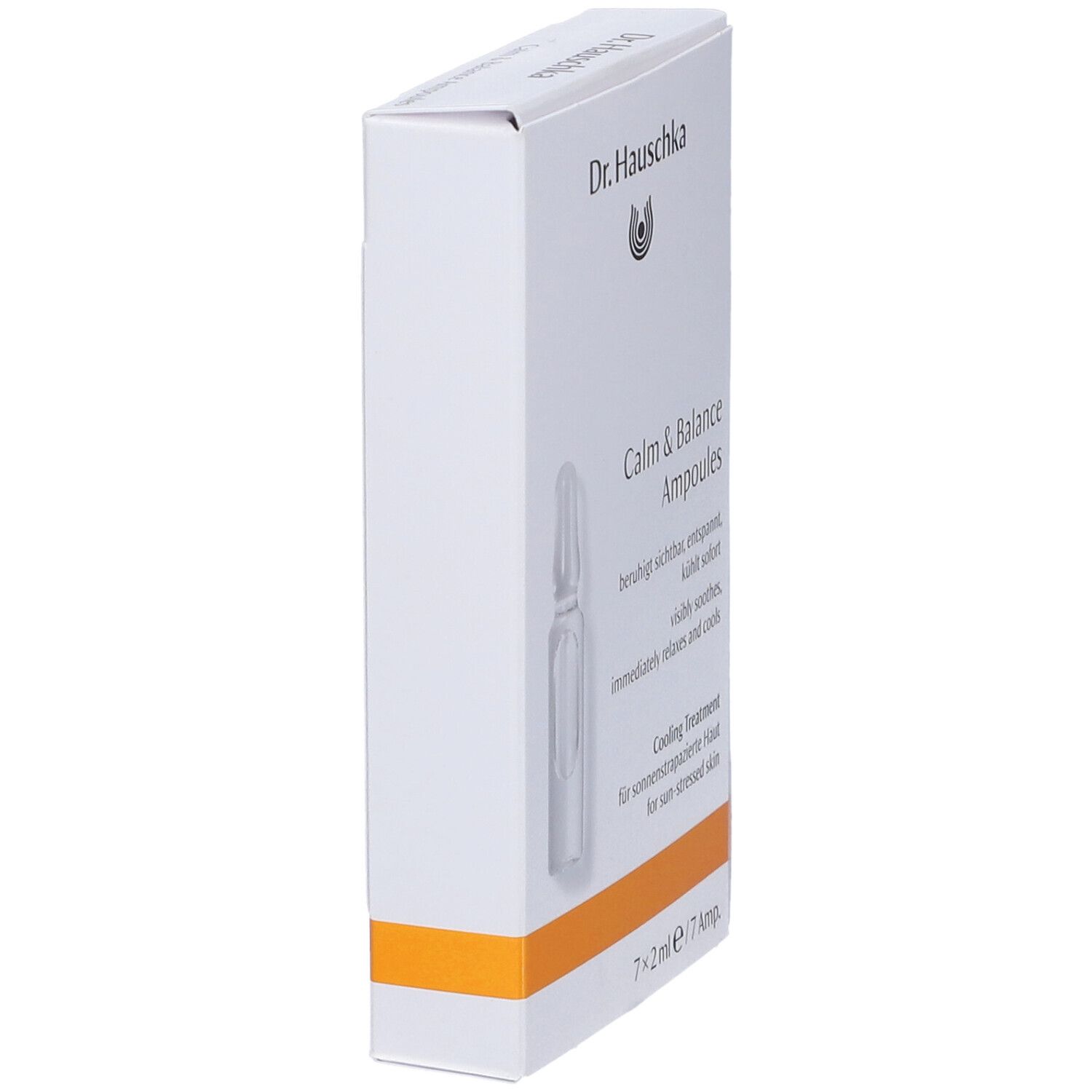 Weiße Faltschachtel, seitliche Ansicht. Aufdruck: Calm & Balance Ampullen, Dr. Hauschka Logo, 7 Ampullen.