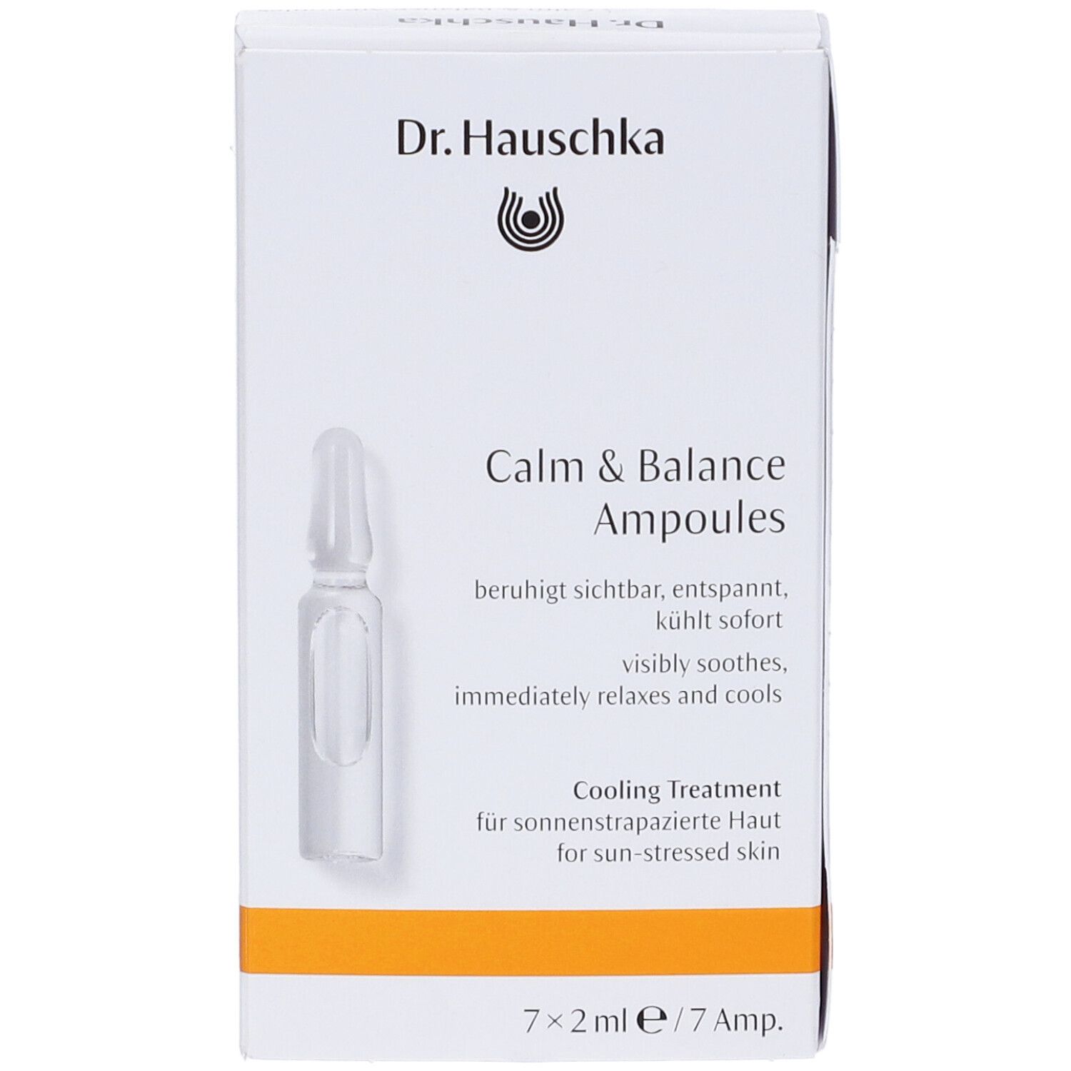Weiße Faltschachtel mit Produktabbildung und Schriftzug. Enthält 7 Ampullen. Aufdruck: Calm & Balance Ampullen, Cooling Treatment.