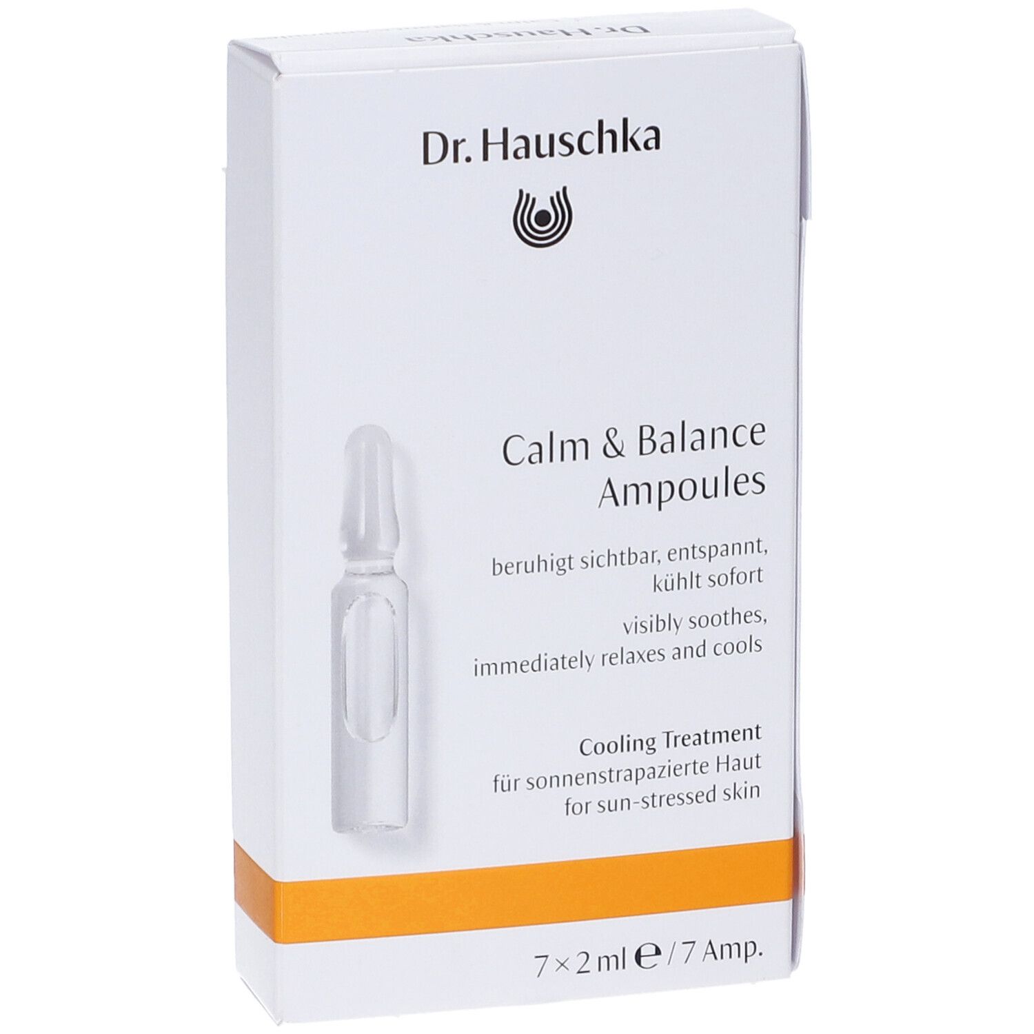 Weiße Faltschachtel mit Produktabbildung und Schriftzug. Enthält 7 Ampullen. Aufdruck: Calm & Balance Ampullen, Cooling Treatment.