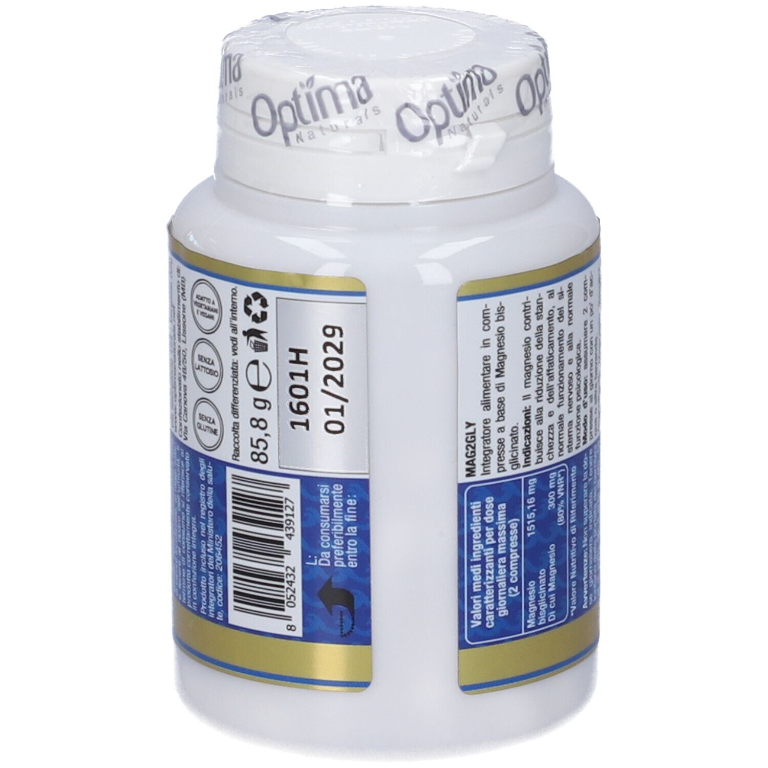 Magnesium Bisglycinat MAG2GLY Flasche, Rückseite mit Barcode und Verfallsdatum.