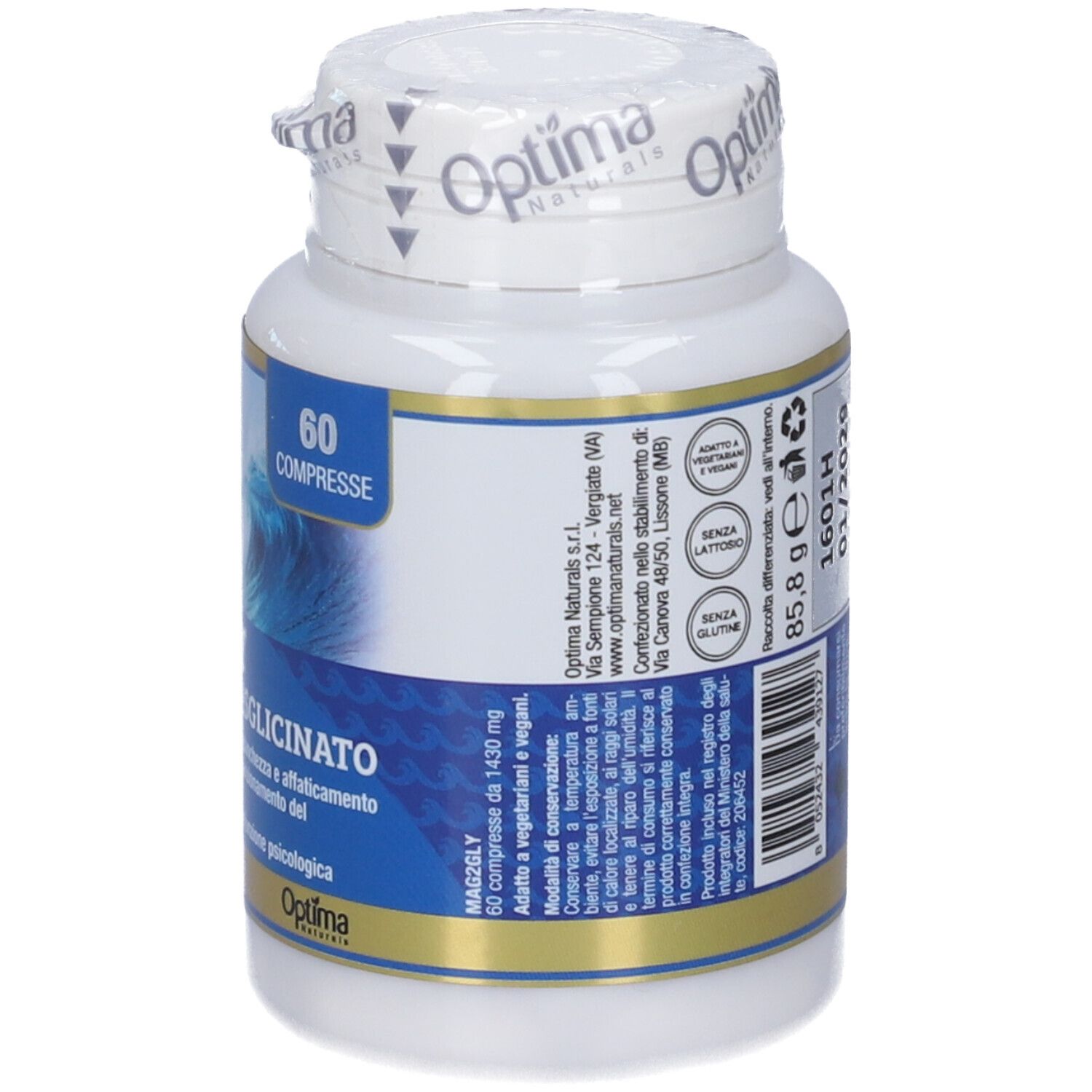 Magnesium Bisglycinat MAG2GLY Flasche, Seite mit Informationen und Siegel.