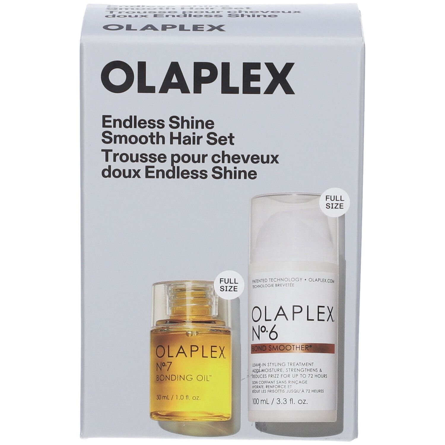 Olaplex Endless Shine Smooth Hair Set mit Olaplex Nr. 7 Bonding Oil (30ml) und Nr. 6 (100ml).