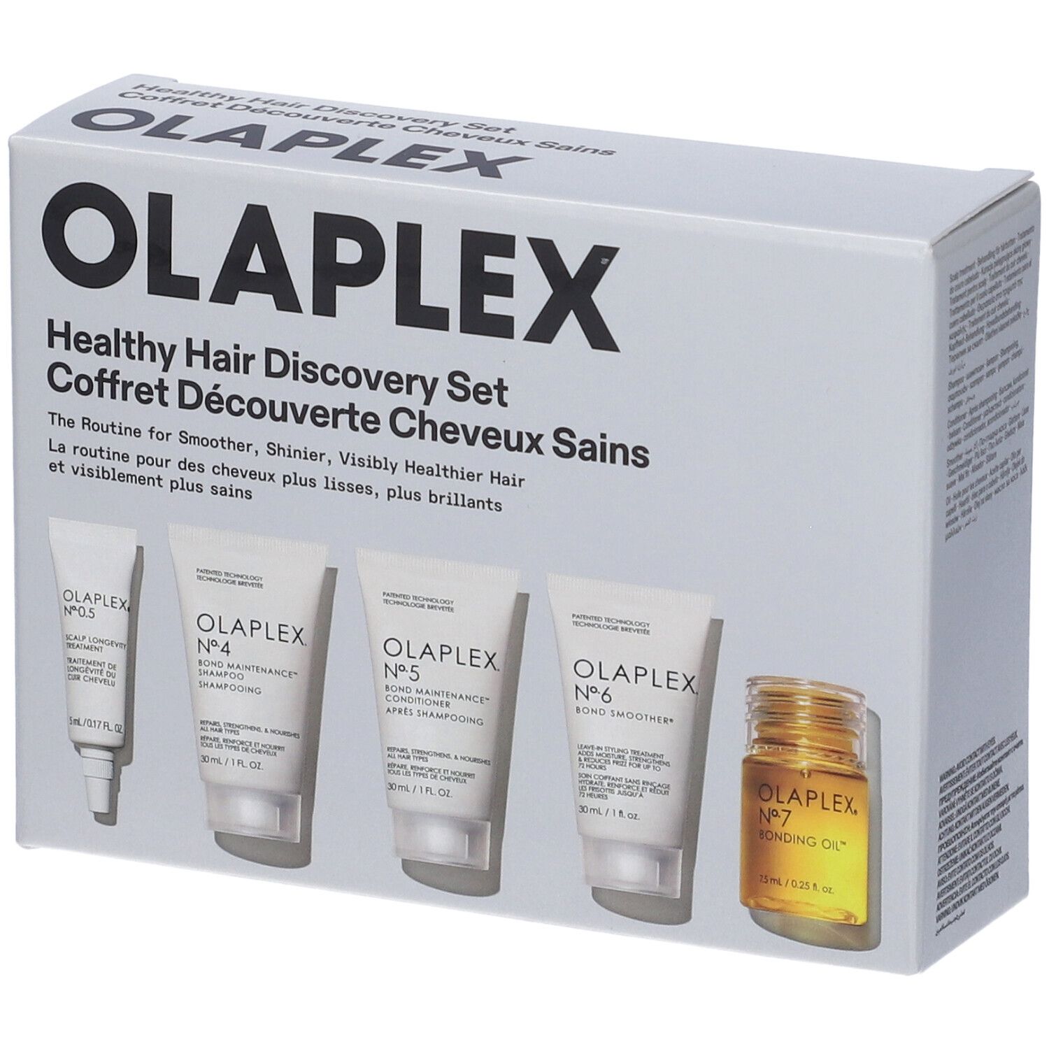 Olaplex Healthy Hair Discovery Set mit vier Tuben und einer kleinen Glasflasche.