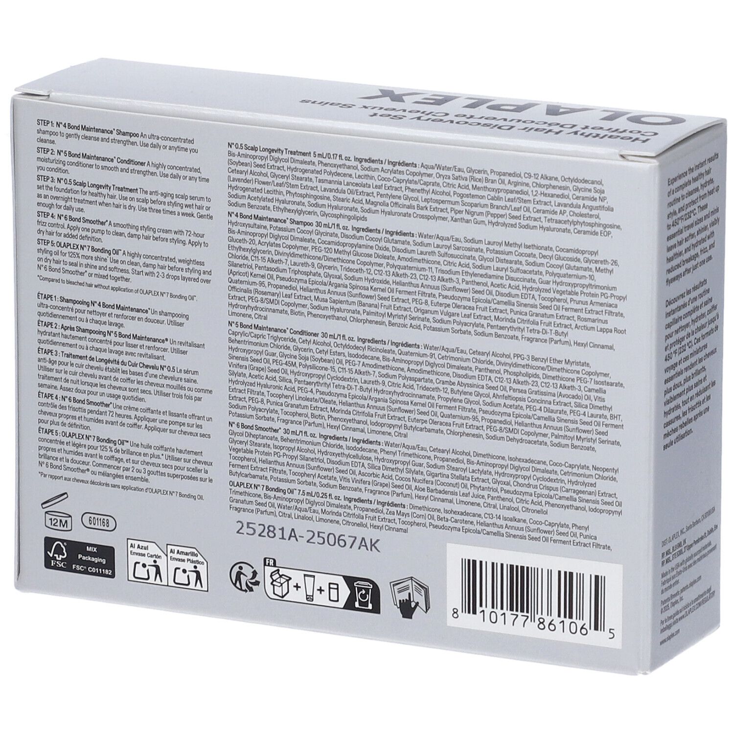 Olaplex Discovery Set Karton mit Produktinformationen und Barcode.