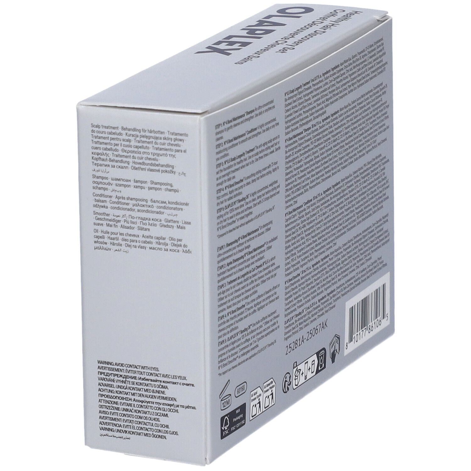 Graue Verpackung mit schwarzem Aufdruck "OLAPLEX". Enthält mehrsprachige Produktinformationen und Symbole.