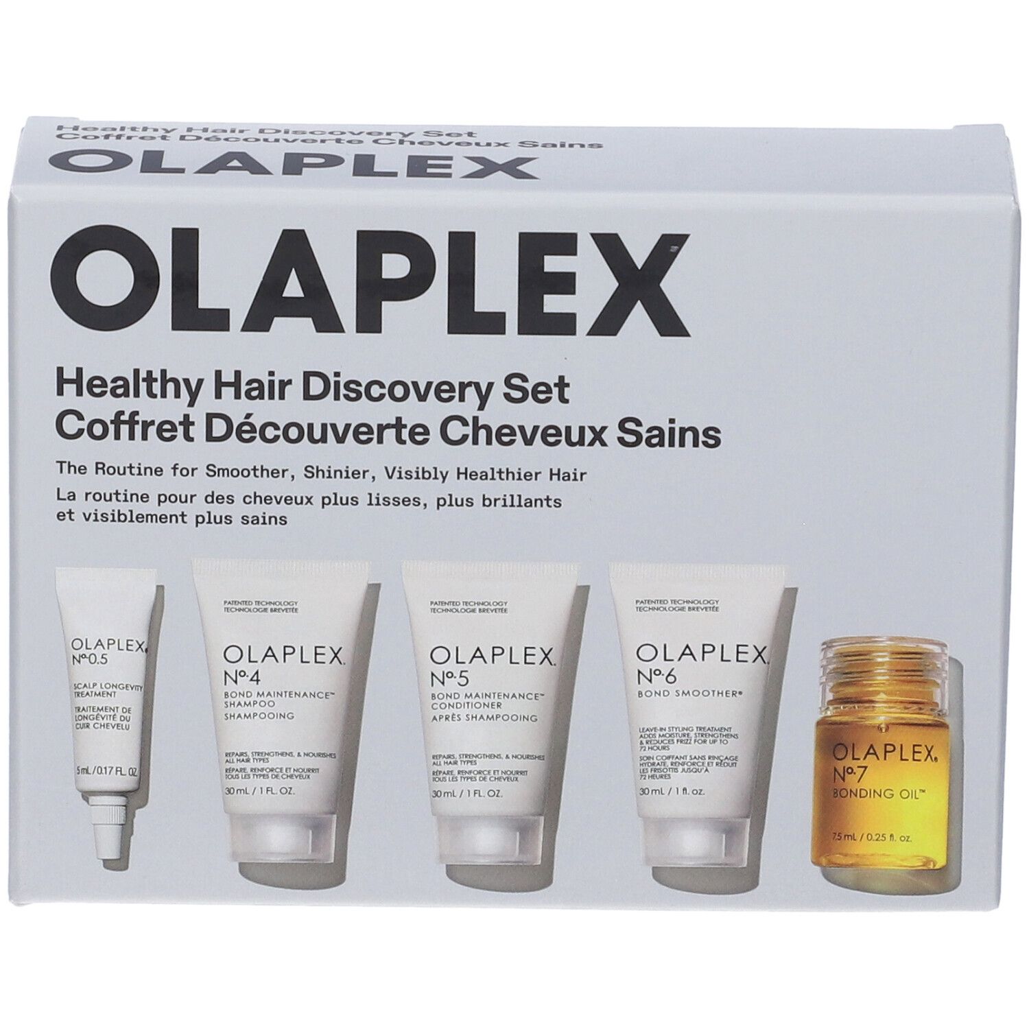 Olaplex Healthy Hair Discovery Set mit vier Pflegeprodukten und einem Öl.